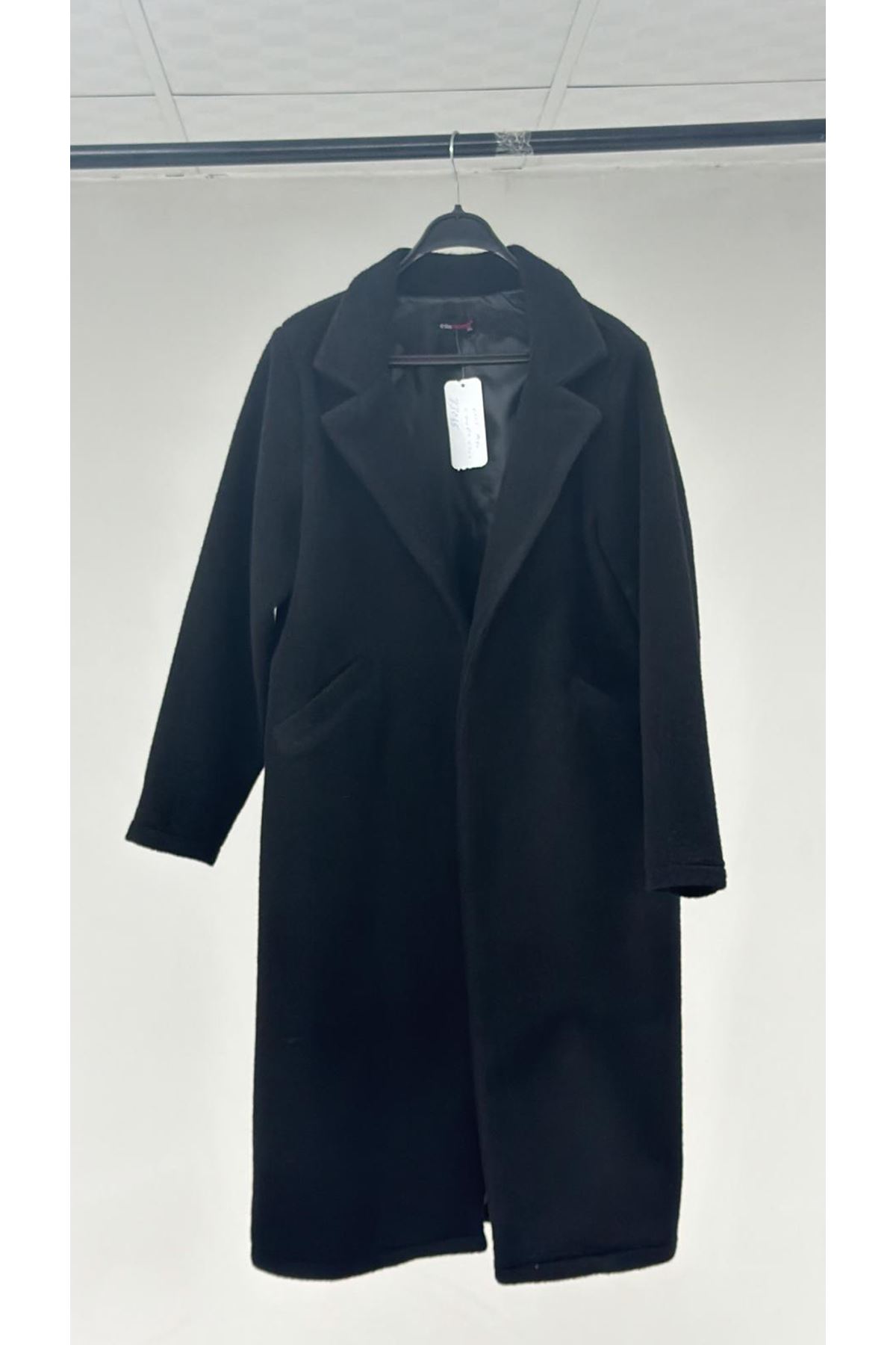 T-33045 Büyük Beden Düğmeli Kıvırcık Kuzu Kaban - Siyah