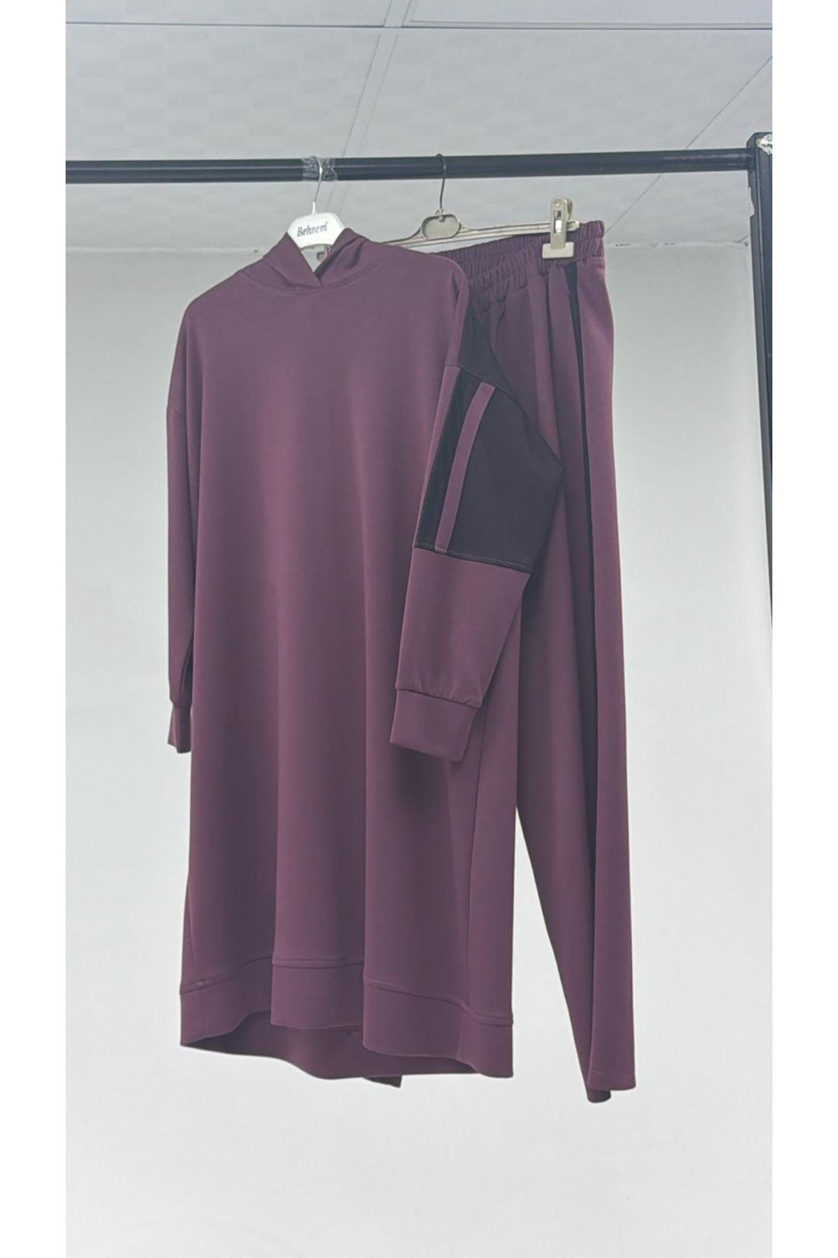 T-47100 Büyük Beden Garnili -Biyeli Pantolonlu Modal Takım - Fuşya