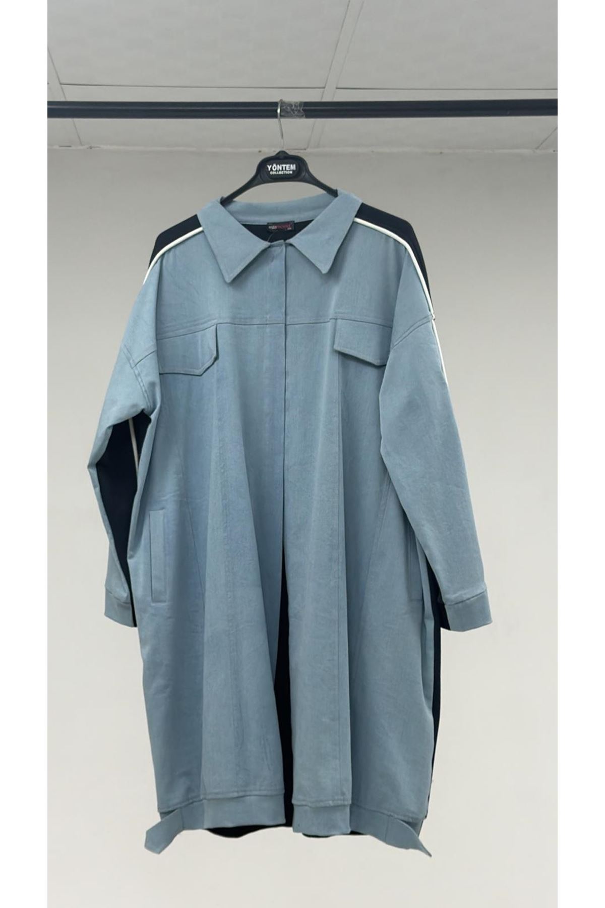 T-53029 Büyük Beden Biye Detaylı Kombinli Modal-Kapitone Ceket - Mavi