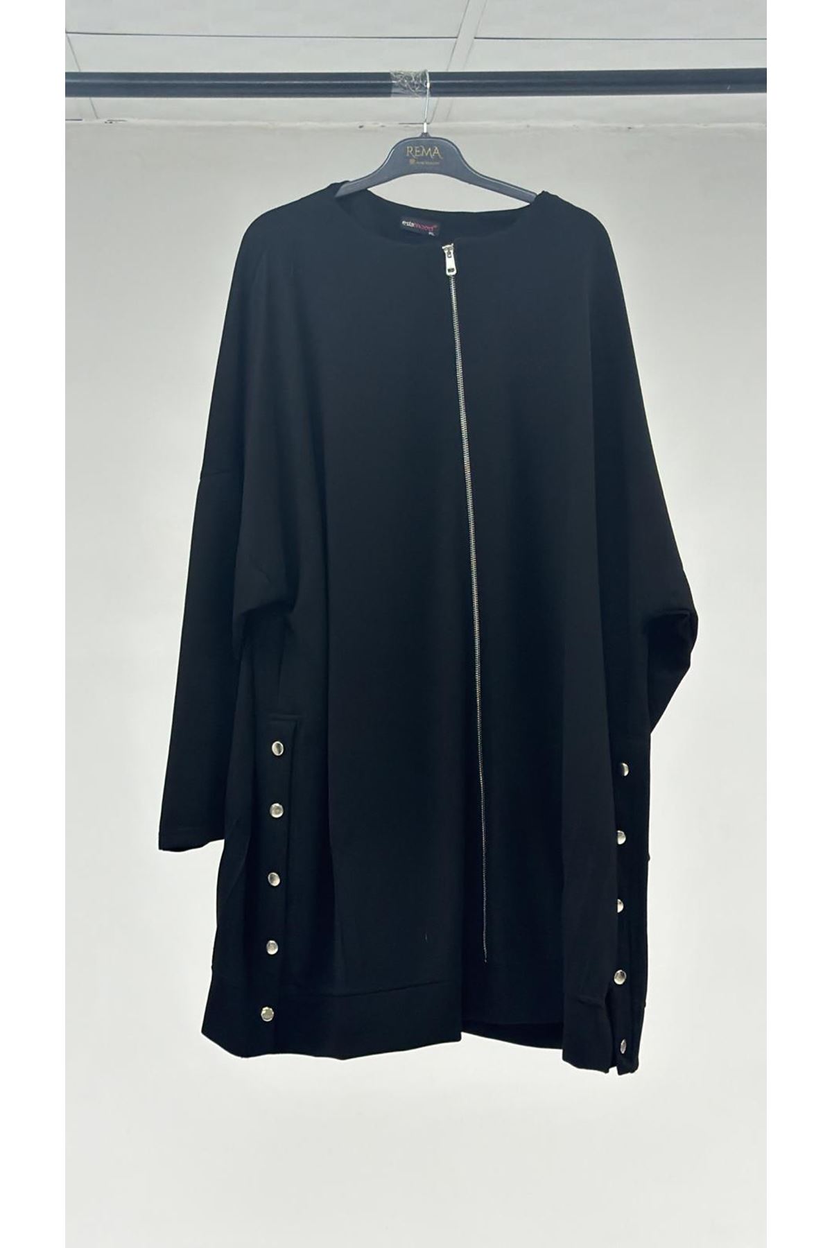 T-1112 Büyük Beden Düğme Detaylı Modal Kap - Siyah