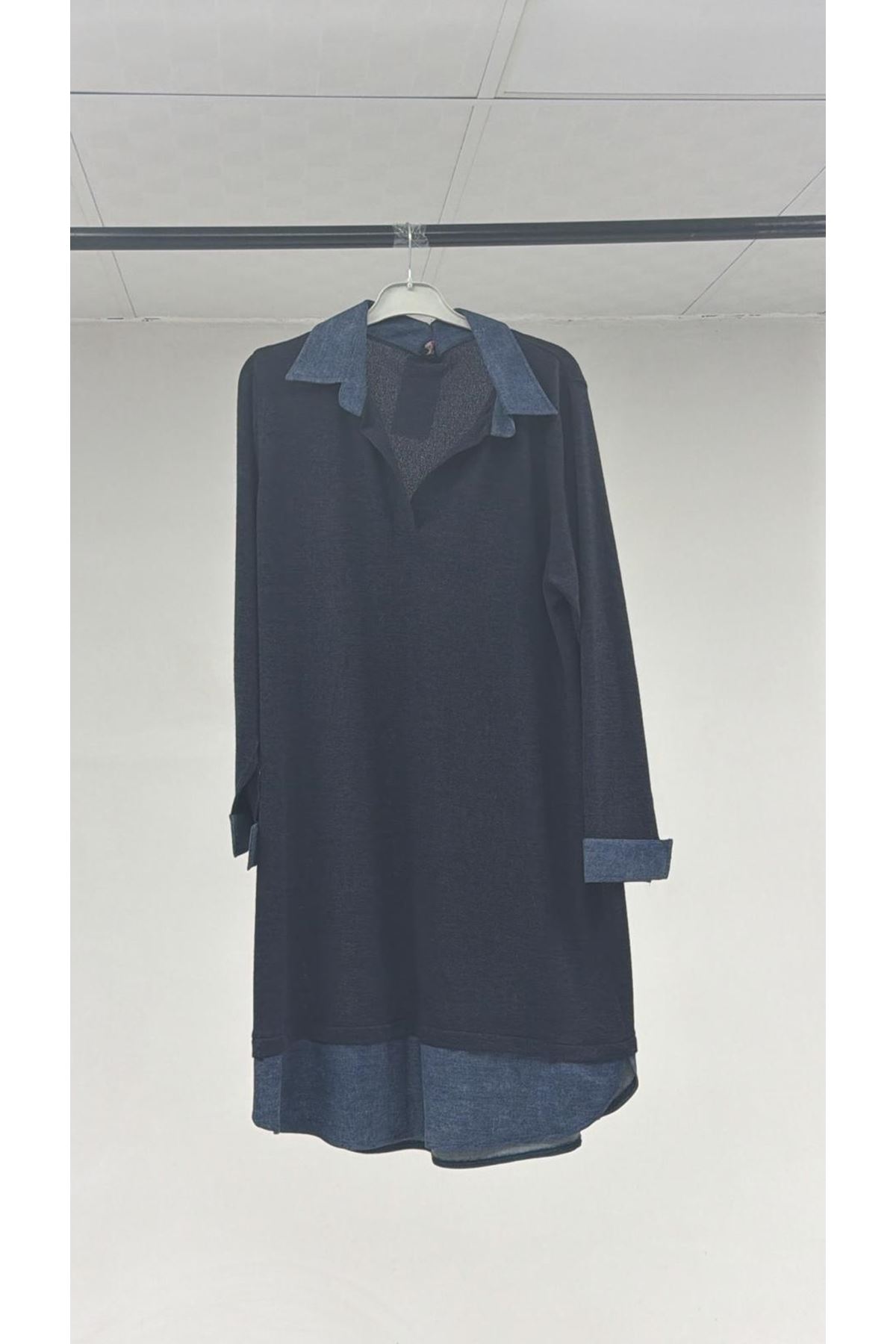 T-48104 Büyük Beden Kot Detaylı Mir Tunik - Lacivert