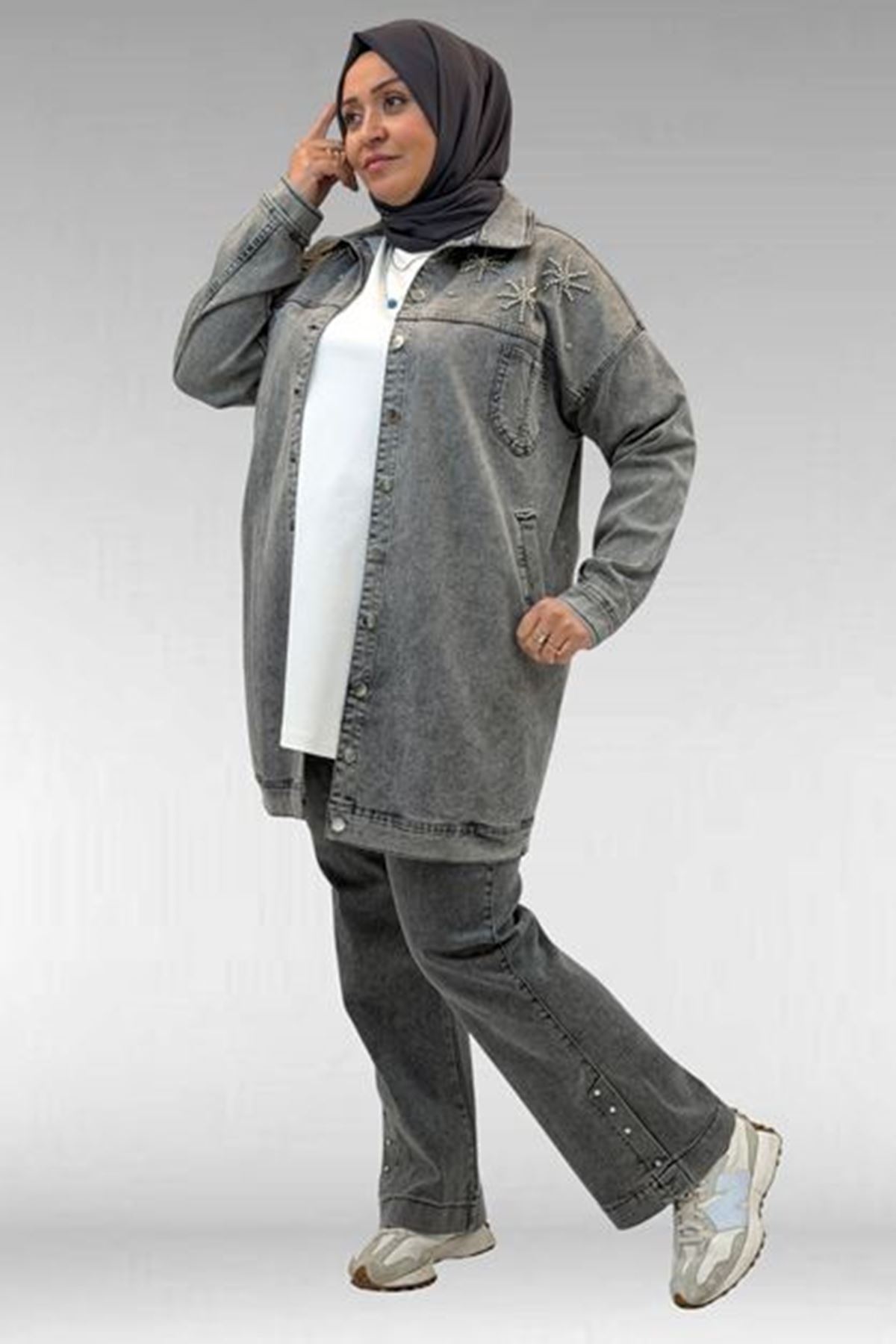 D-53022 Büyük Beden Yıldız İnci Çakma Detaylı Kot Ceket - Antrasit