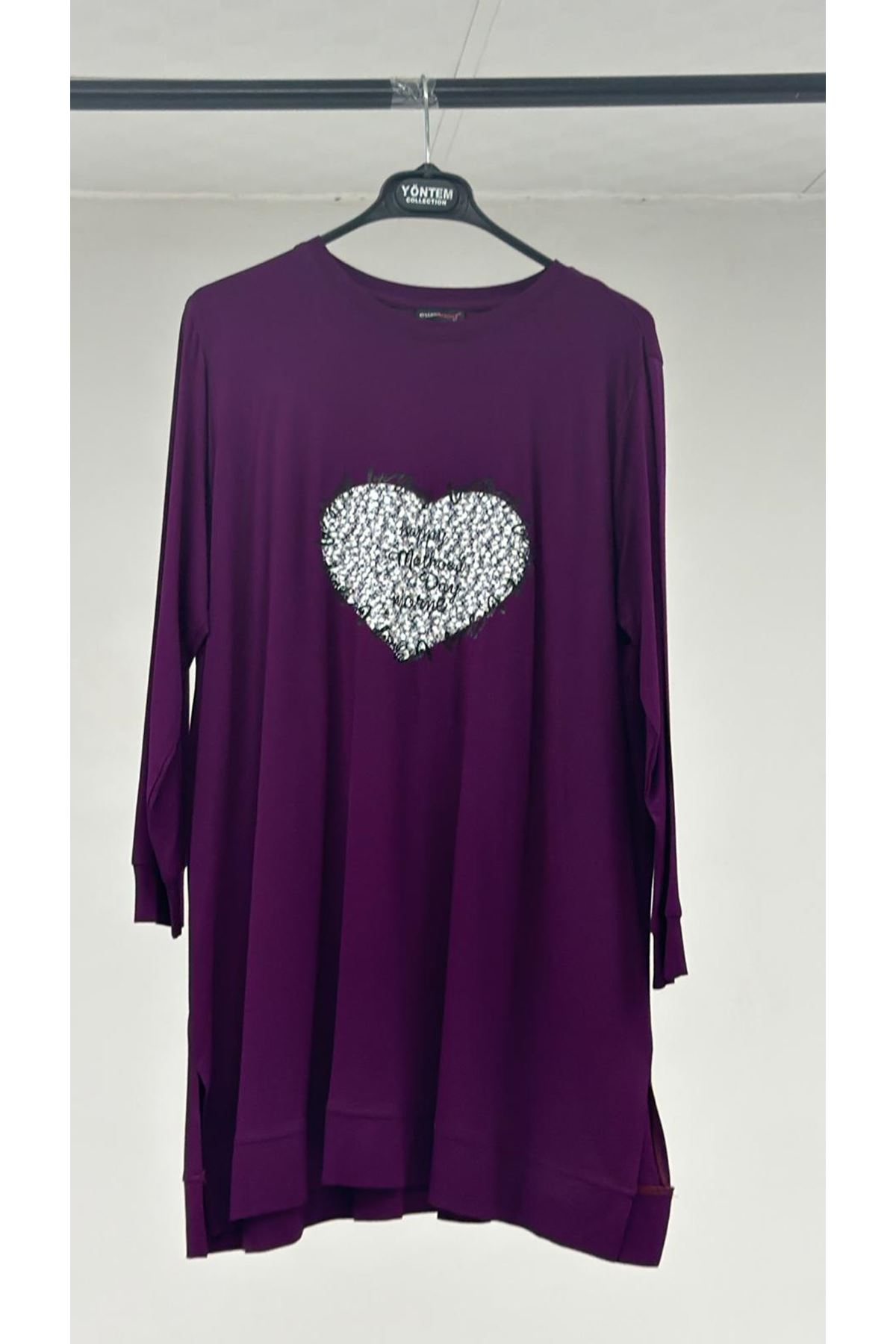 T-1114 Büyük Beden Penye Tunik - Mor