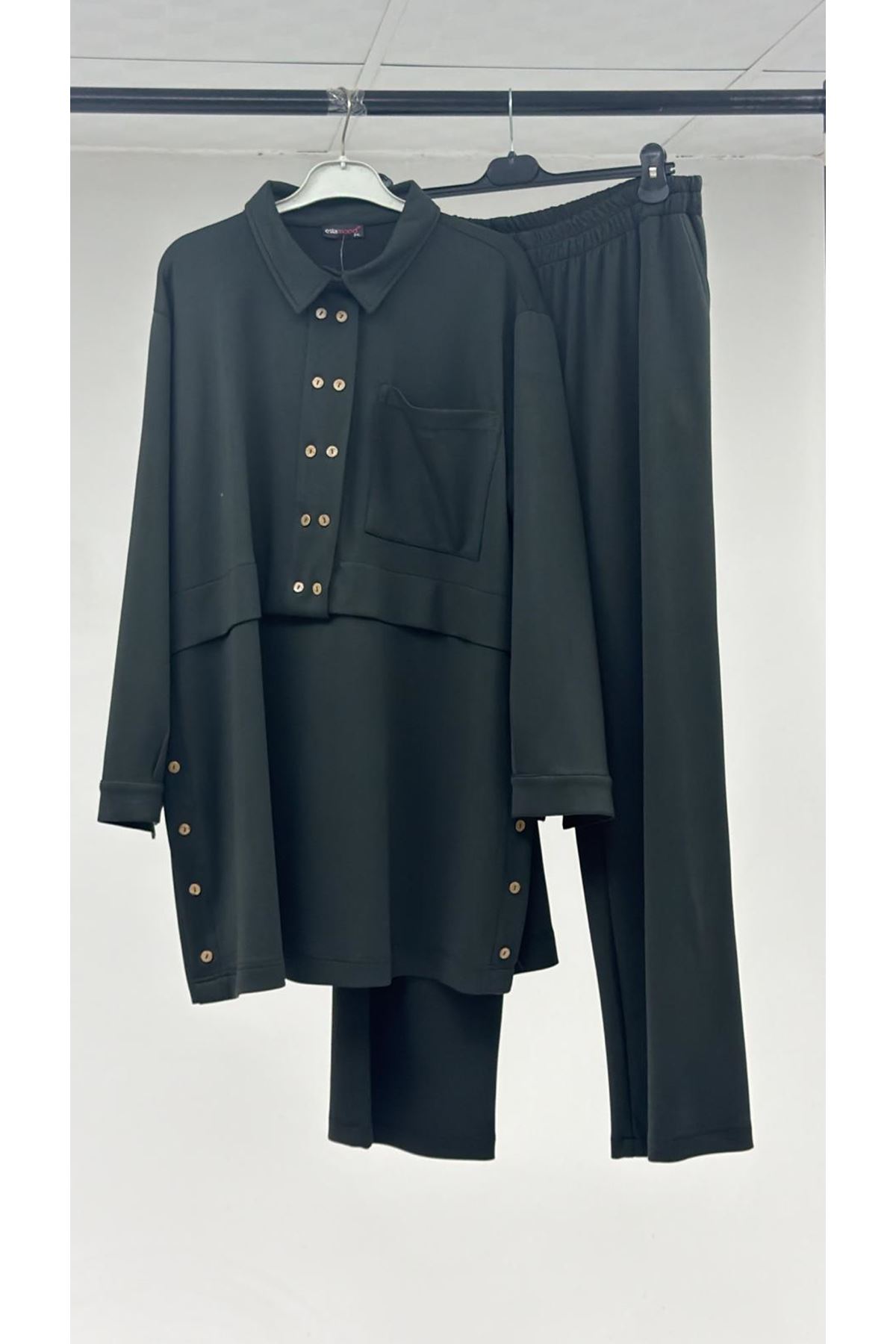 T-57038 Büyük Beden Erkek Yaka Düğme Detaylı Modal Pantolonlu  Takım - Haki
