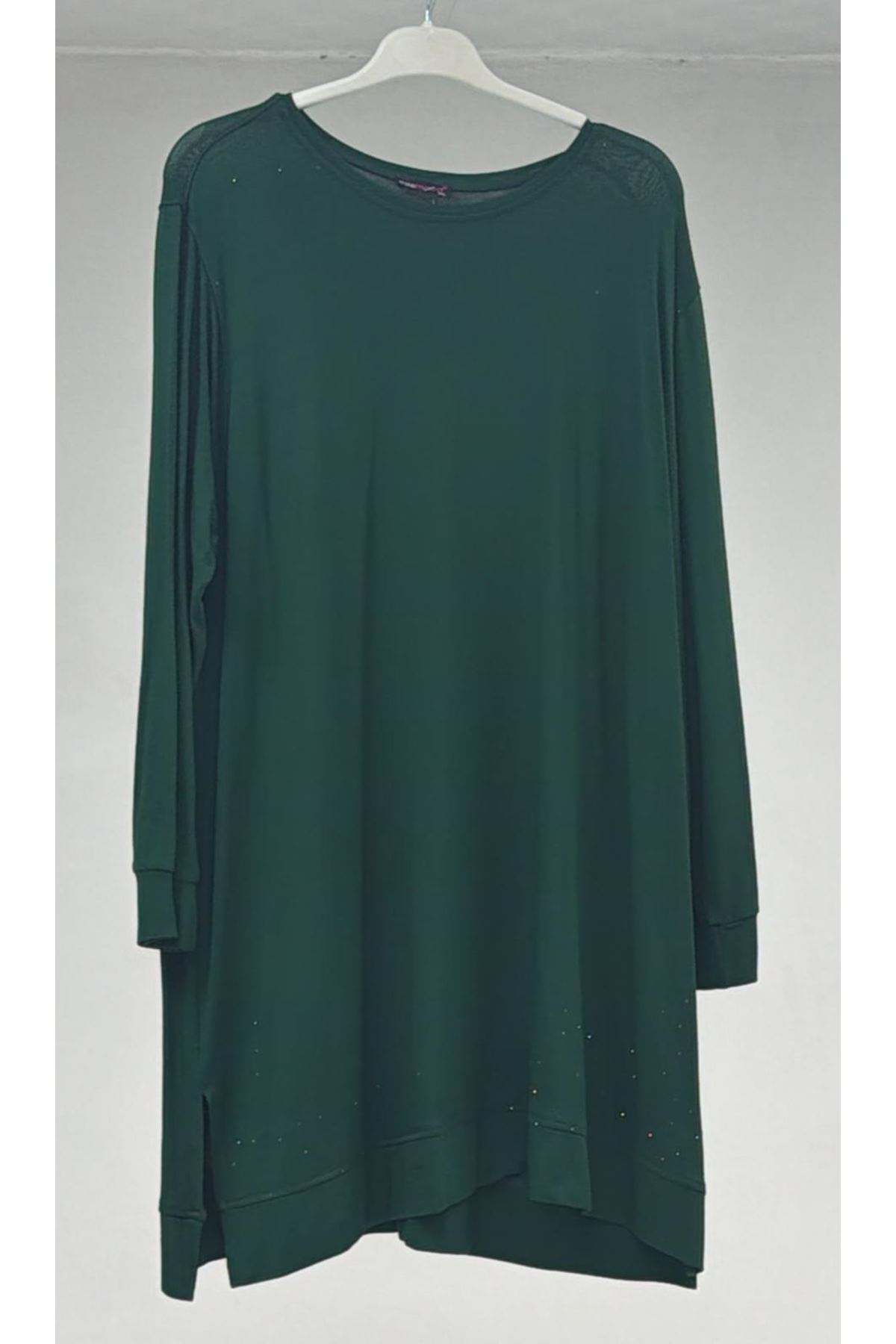 T-1115 Büyük Beden Taş Detaylı Tunik - Zümrüt