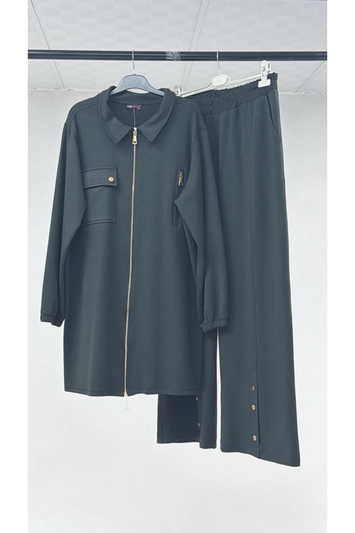 T-57040 Büyük Beden Fermuar Detaylı Modal İkili Takım - Haki