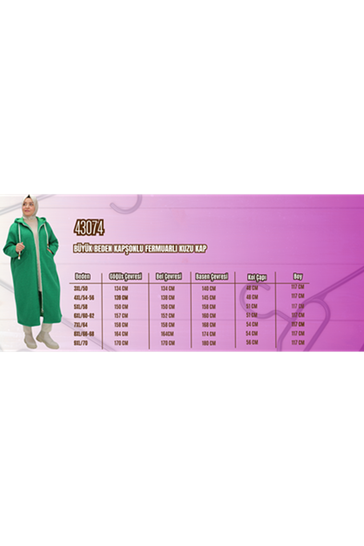 T-43074 Büyük Beden Kapşonlu Fermuarlı Kuzu Kap - Siyah