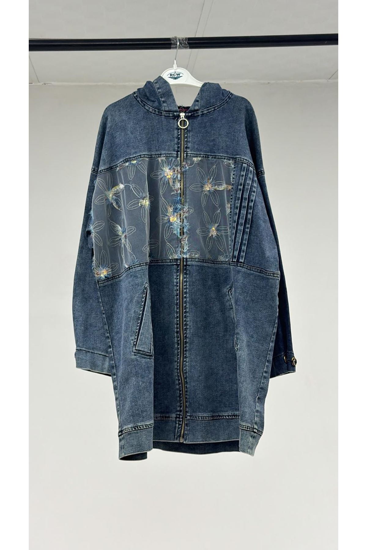 T-53068 Büyük Beden Bebe Lastik Detaylı Kot Ceket - Mavi