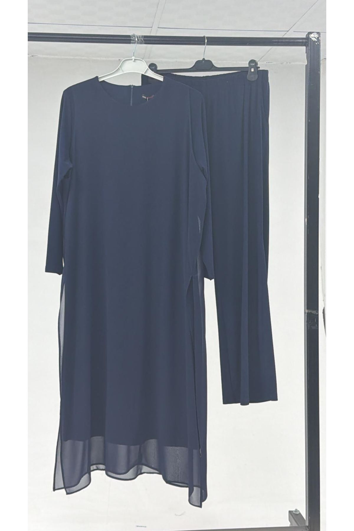 T-67024 Büyük Beden Sandy-Şifon Takım - Lacivert