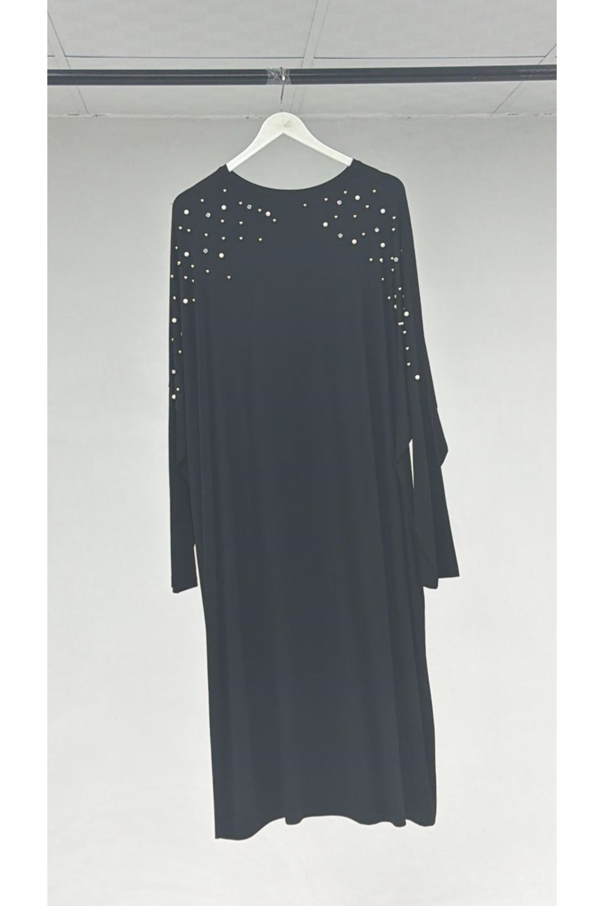 T-1117 Büyük Beden İnci Taşlı Penye Tunik - Siyah