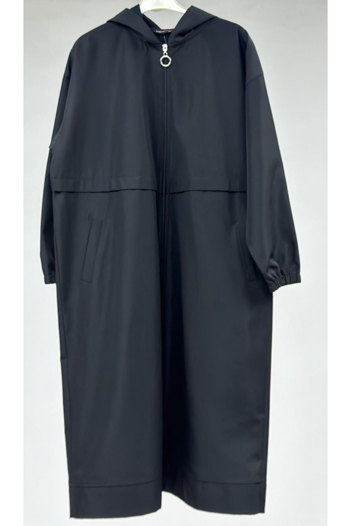 T-33065 Büyük Beden Bondit Çift Renk Trençkot - Siyah