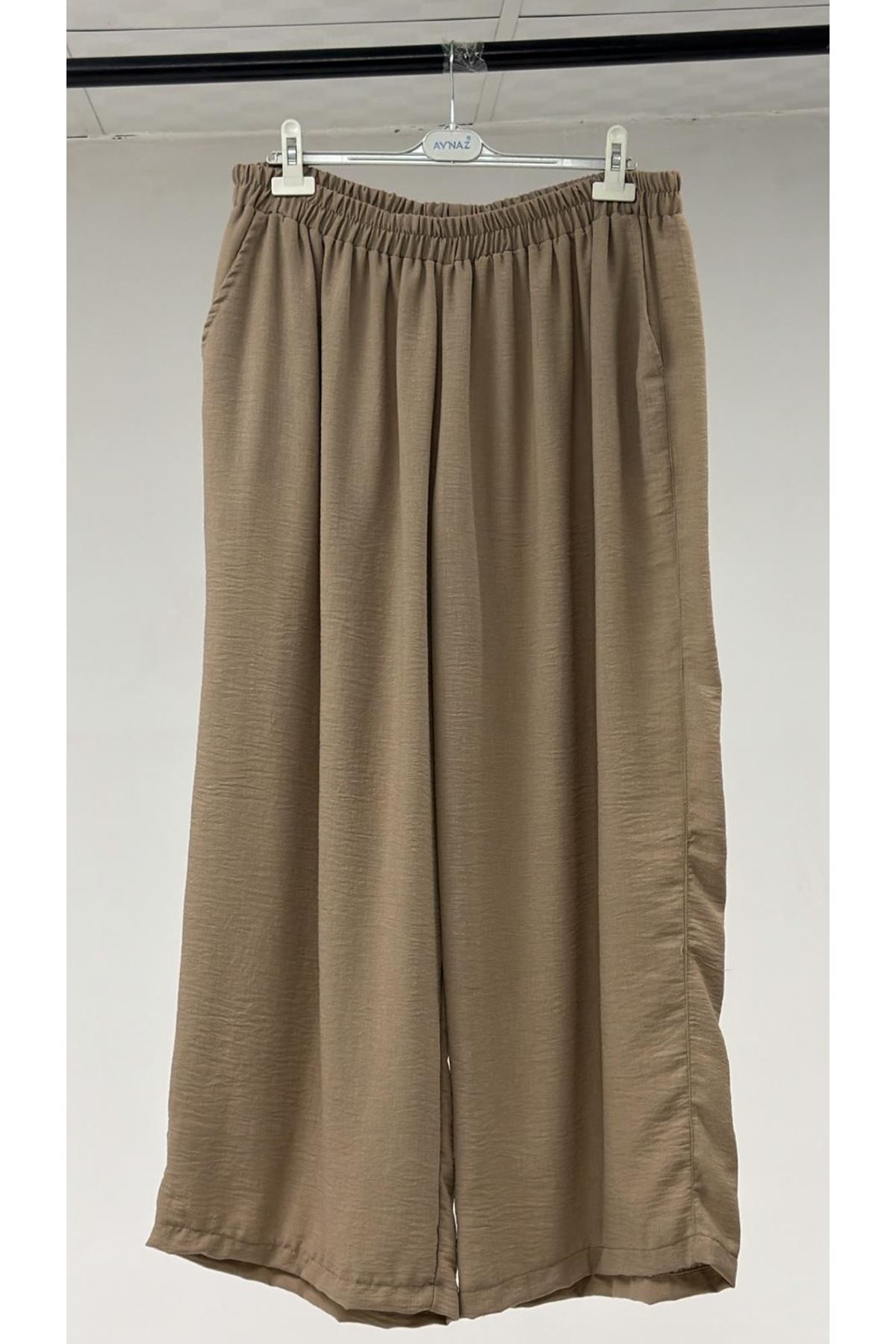 D-57030 Büyük Beden Düğmeli Keten Defolu Pantolon - Bej