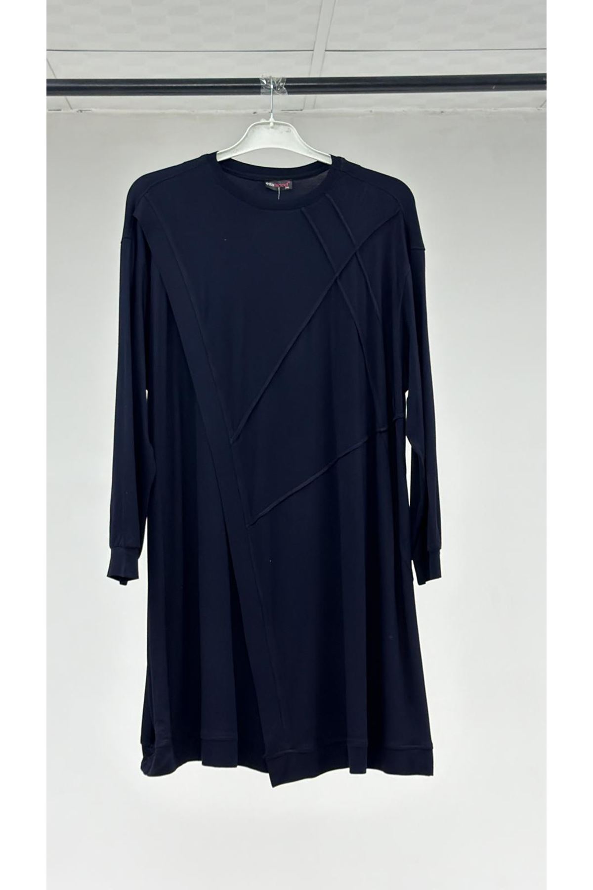 T-68006 Büyük Beden Pat Üzeri Düğme Detaylı Penye Tunik - Lacivert