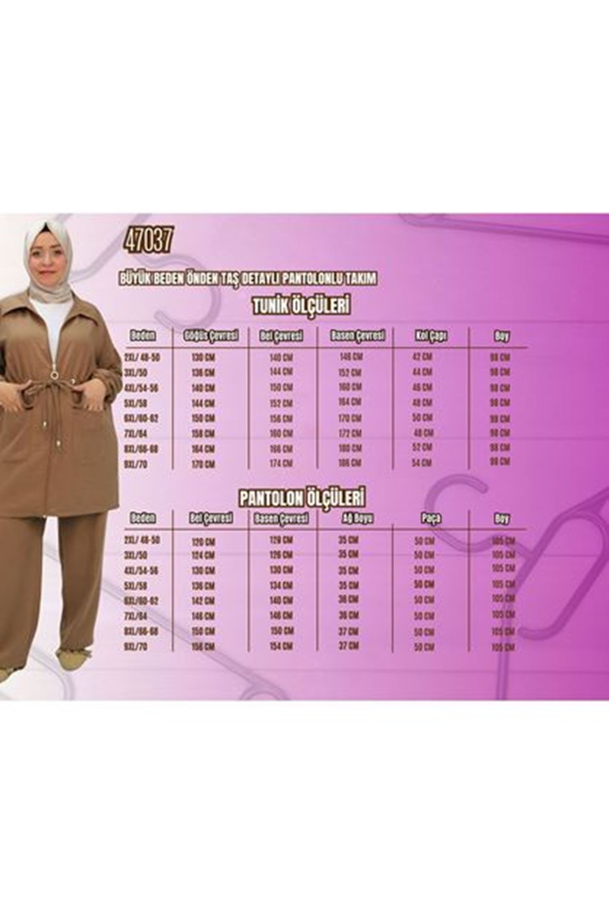 T-47037 Büyük Beden Önden Taş Detaylı Müslin Pantolonlu Takım - Siyah