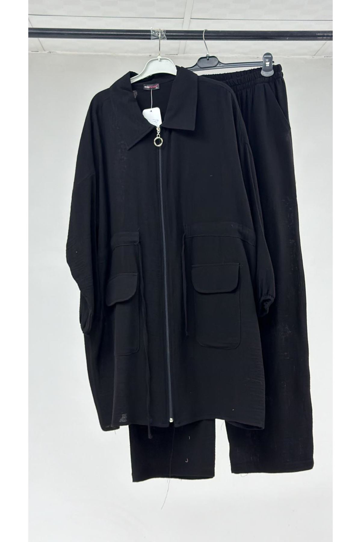 T-47037 Büyük Beden Önden Taş Detaylı Müslin Pantolonlu Takım - Siyah