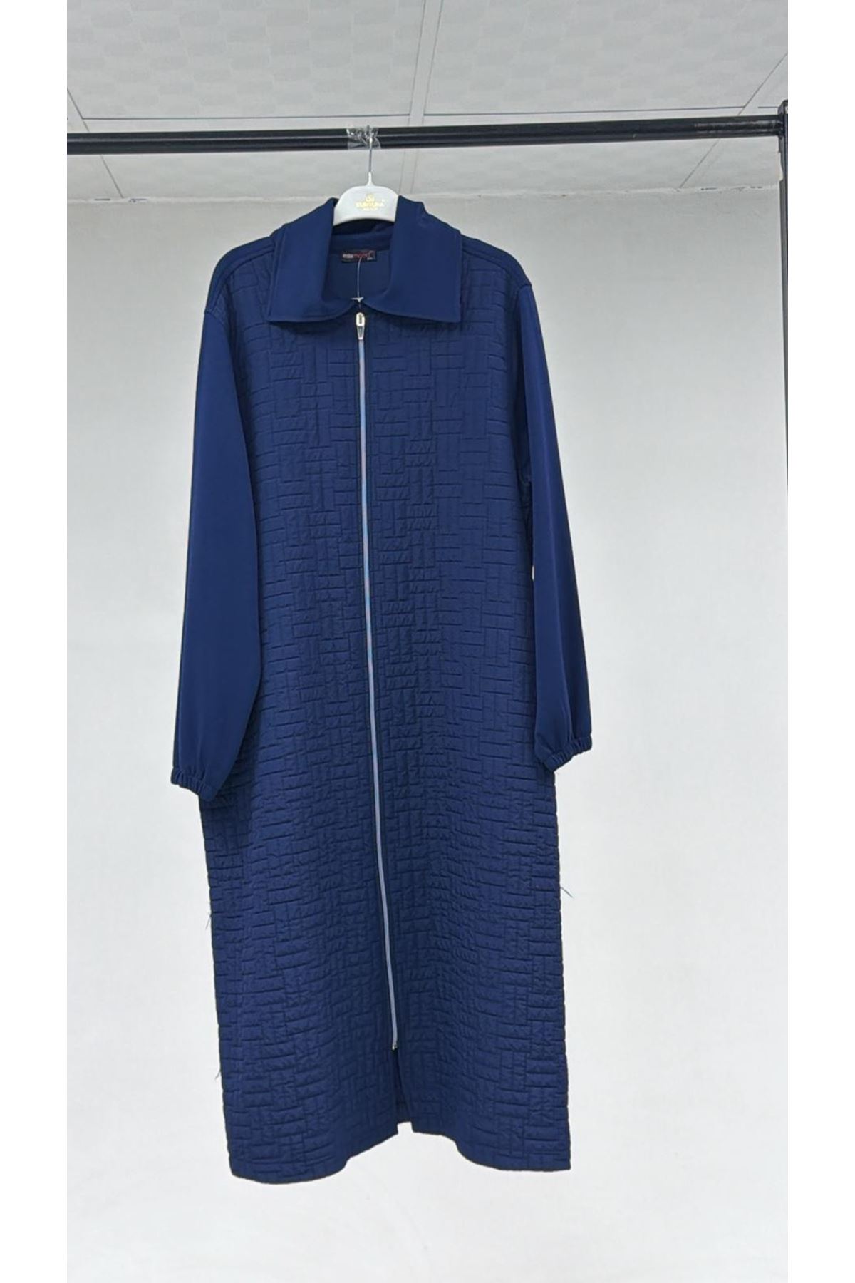 T-33085 Büyük Beden Kapitone-Üç İplik Fermuarlı Kap - İndigo