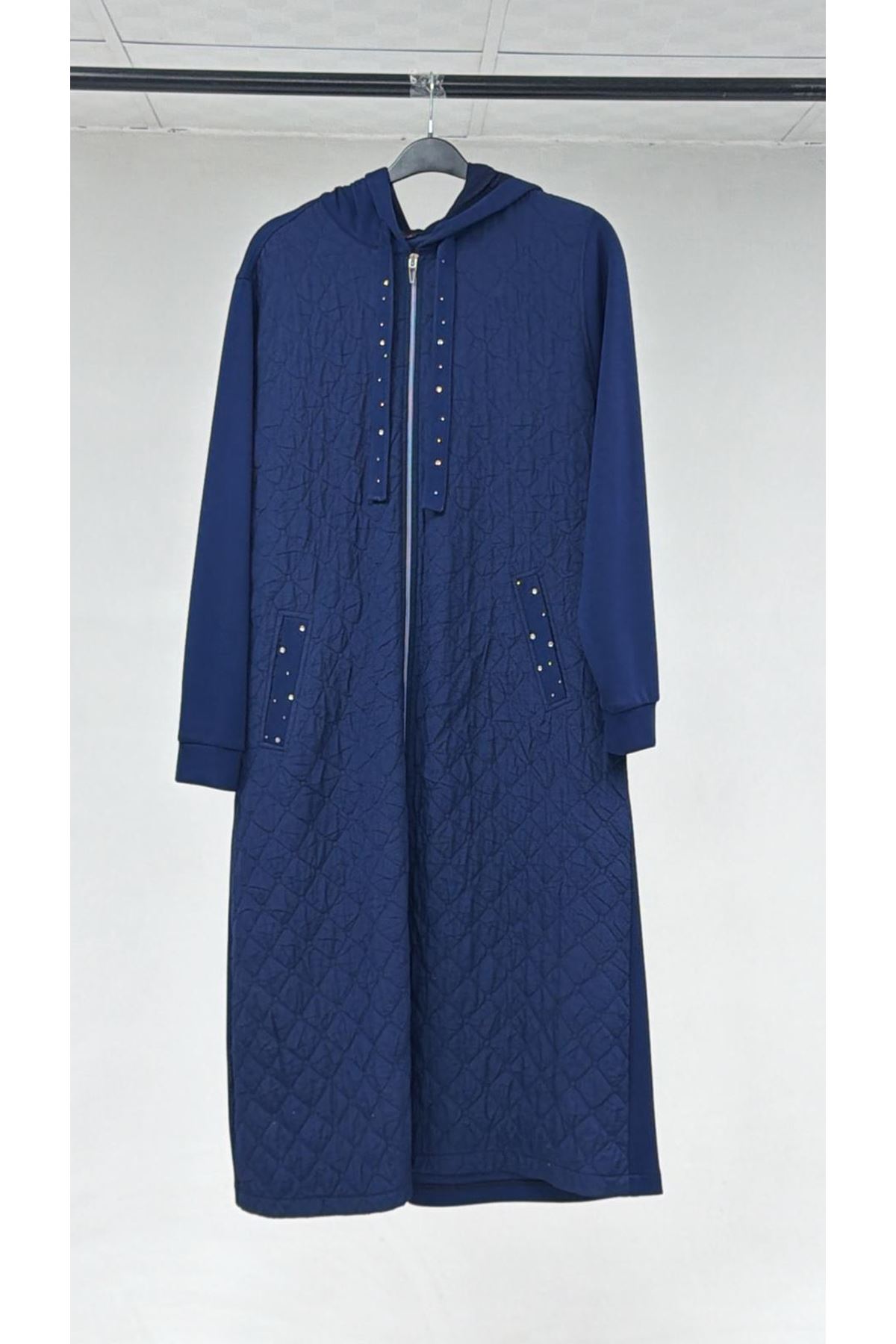 T-33041 Büyük Beden Kapitone-Üç İplik Fermuarlı Kap - İndigo 