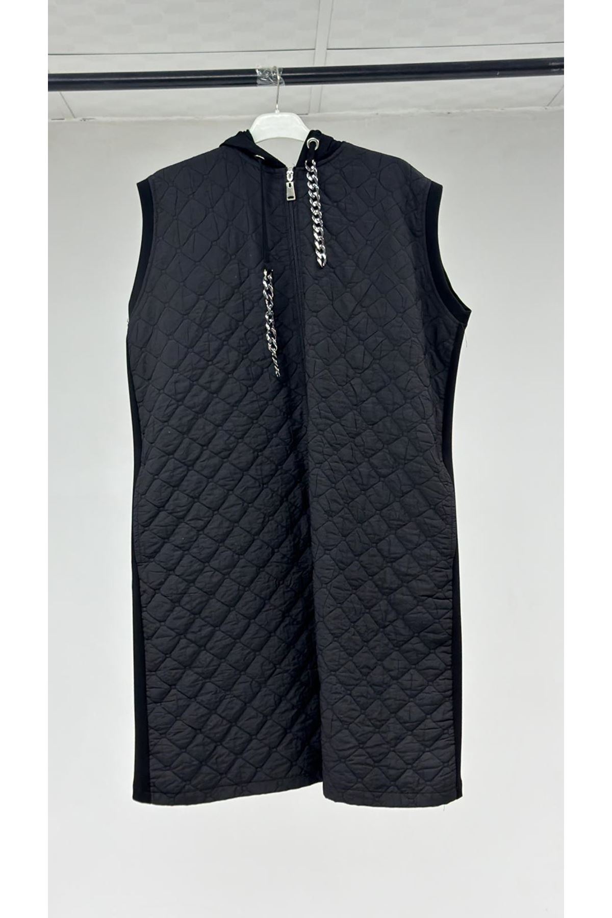 T-24020 Büyük Beden Kapüşonlu Kapitone-Modal Yelek - Siyah