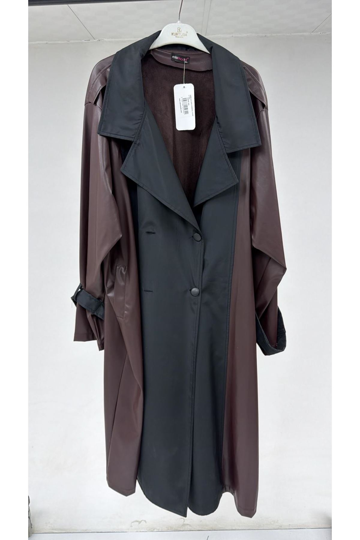 T-43099 Büyük Beden Deri Kombinli Düğmeli Kap - Kahve