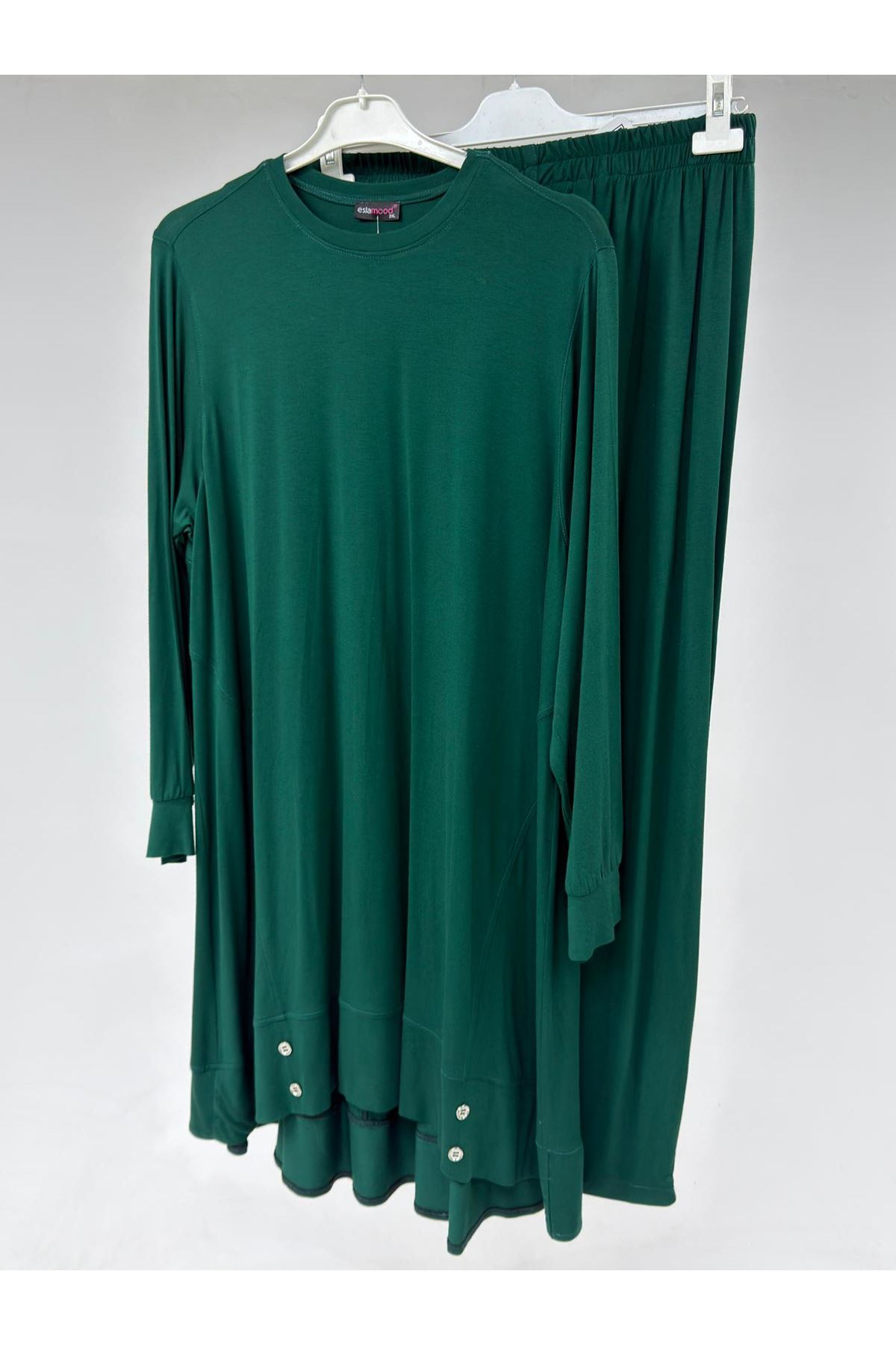 T-57037 Büyük Beden Düğme Detaylı Penye Pantolonlu Takım - Haki