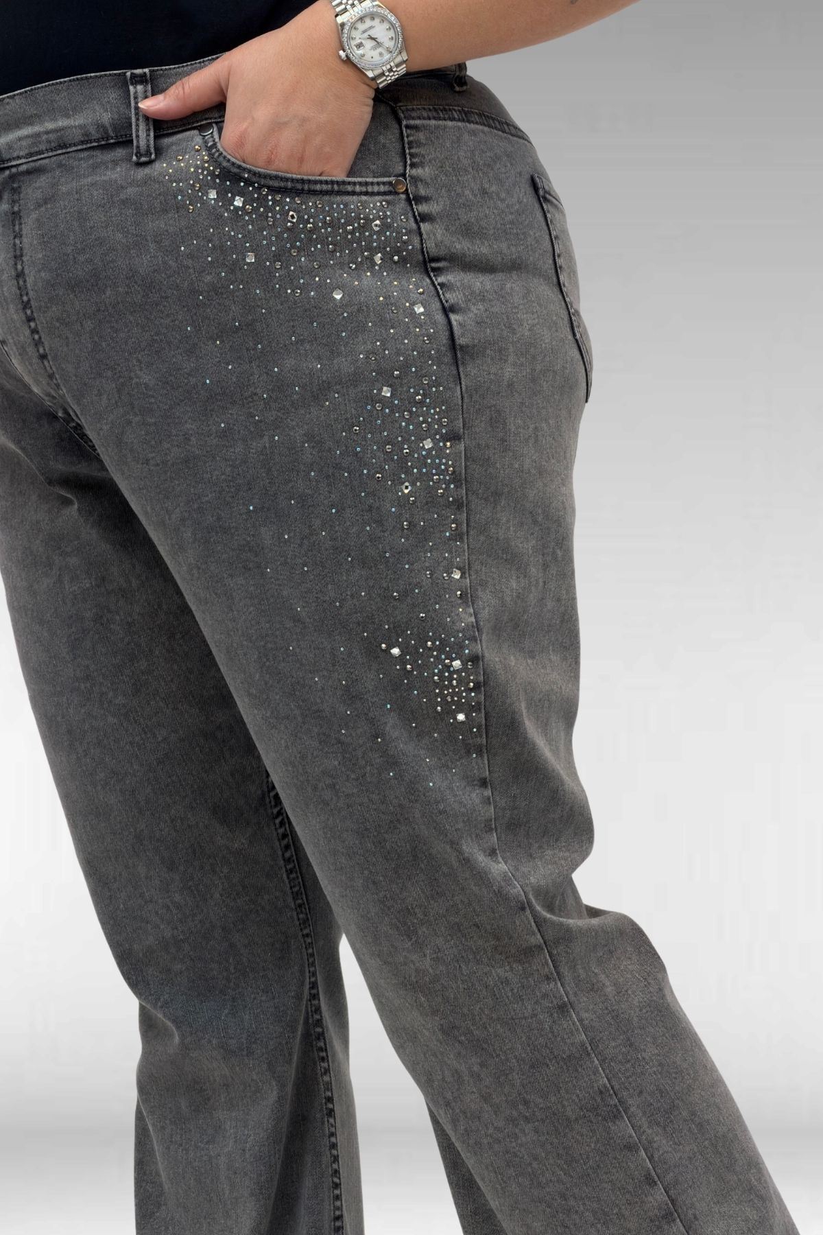 69004 Büyük Beden Yanları Taşlı İspanyol Kot Pantolon - Antrasit