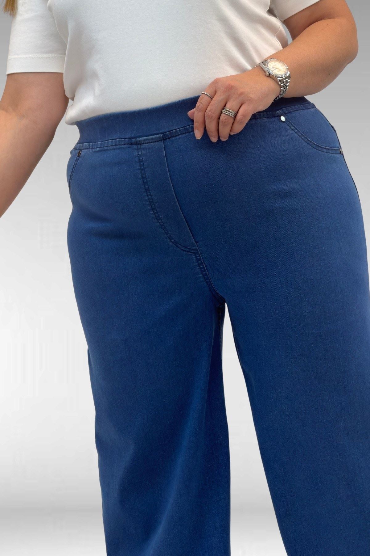 9182-9 Büyük Beden Beli Lastikli Bolpaça Kot Pantolon - Açık Mavi