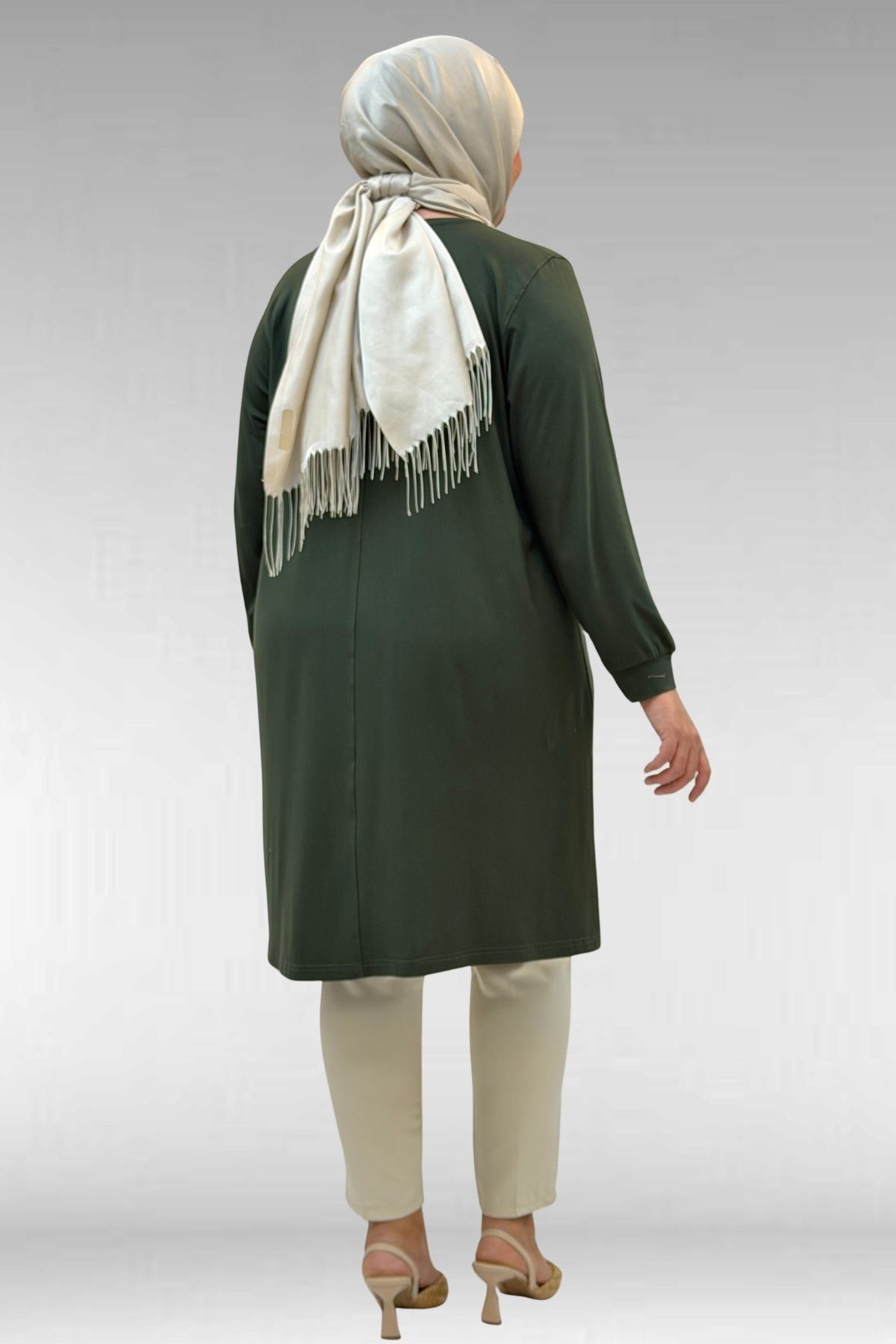 68005 Büyük Beden İnci Çakma Detaylı Penye Tunik - Haki