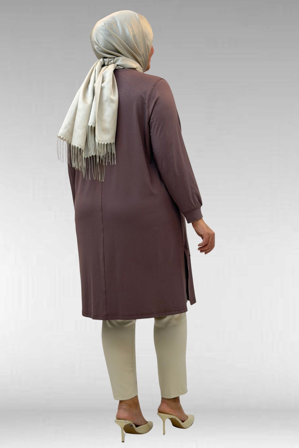 68005 Büyük Beden İnci Çakma Detaylı Penye Tunik - Vizon