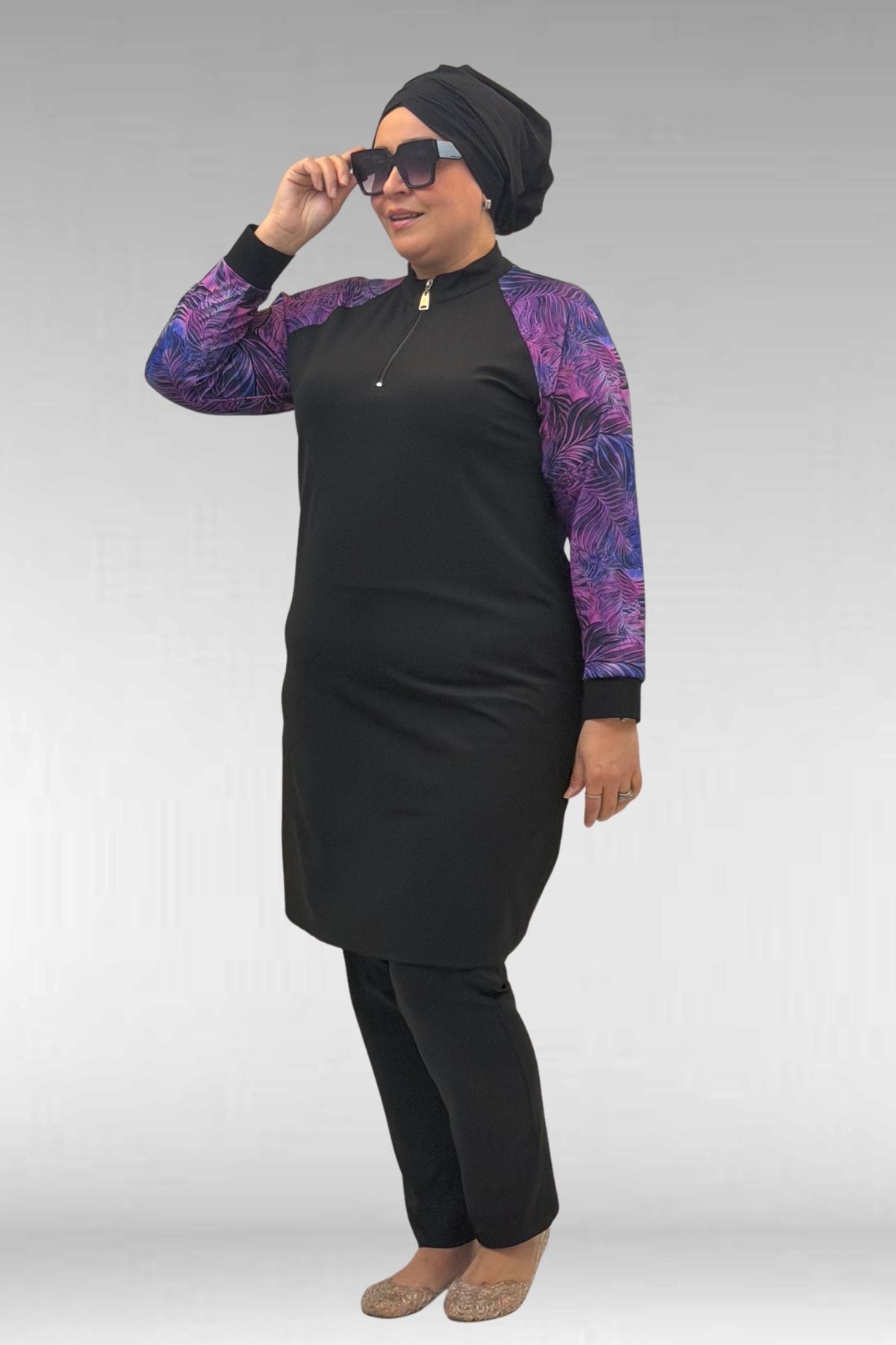 1732 Büyük Beden Balıkçı Yaka Fermuarlı Mayo - Yaprak Desen Mor-Siyah