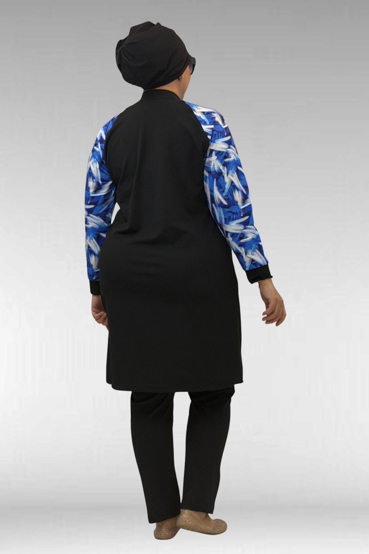 1732 Büyük Beden Balıkçı Yaka Fermuarlı Mayo - Fırça Desen Saks-Siyah