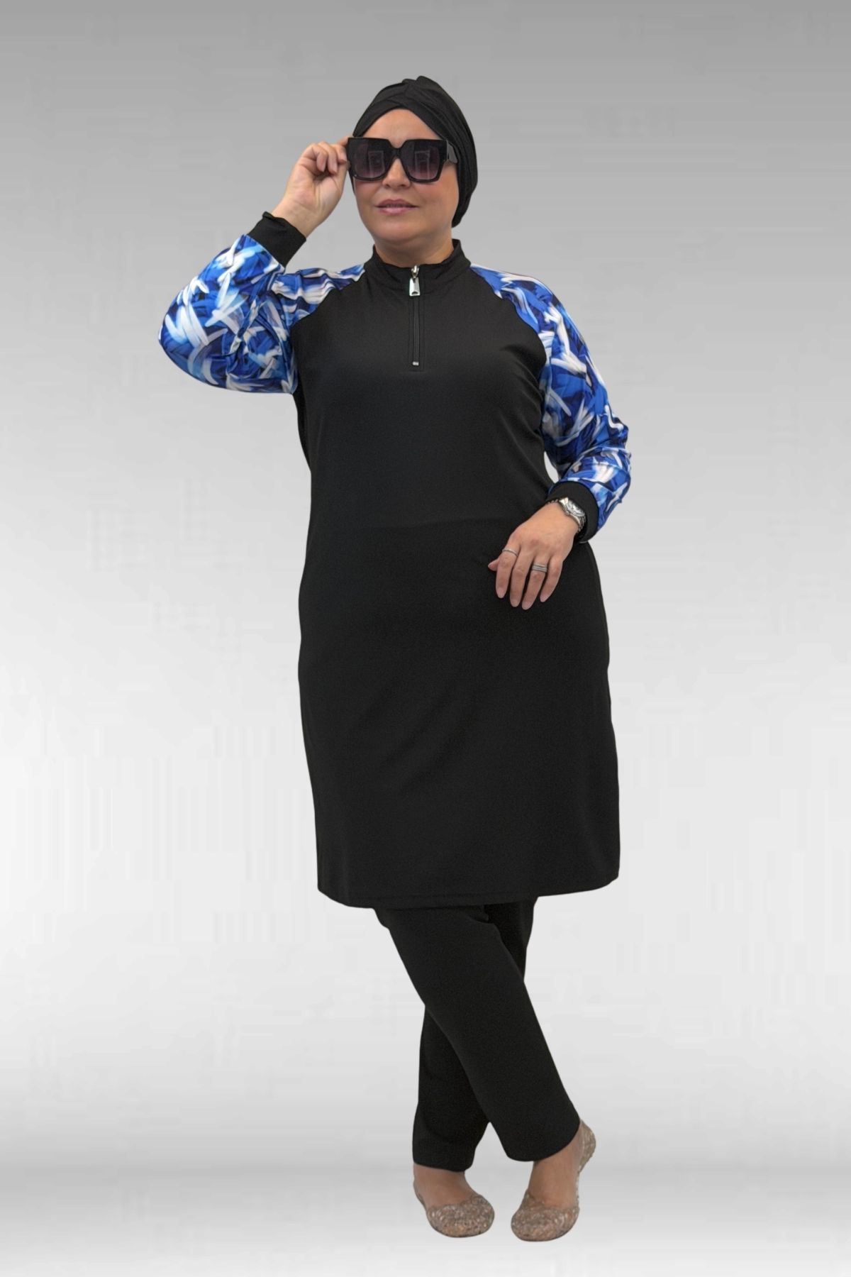 1732 Büyük Beden Balıkçı Yaka Fermuarlı Mayo - Fırça Desen Saks-Siyah