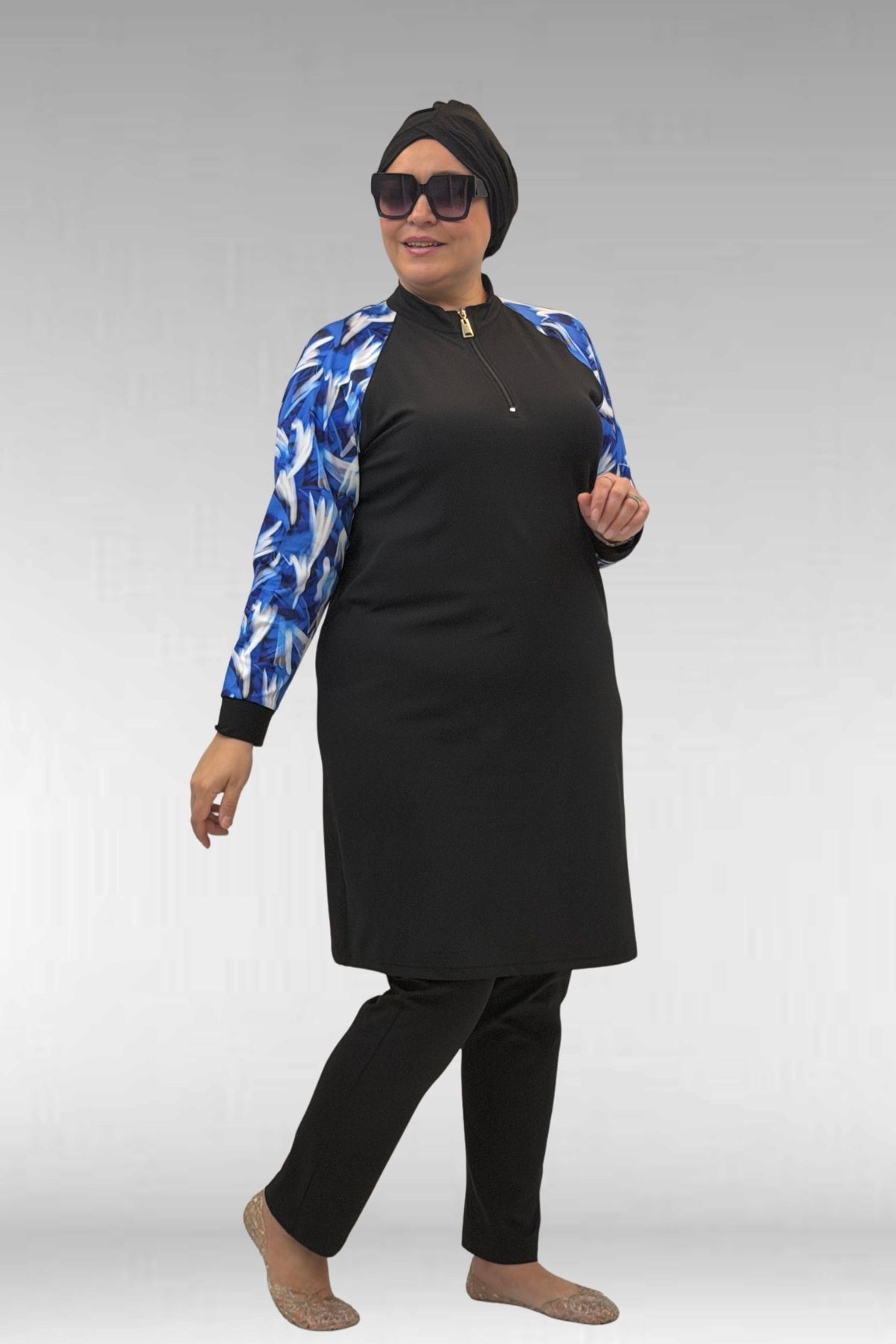 1732 Büyük Beden Balıkçı Yaka Fermuarlı Mayo - Fırça Desen Saks-Siyah