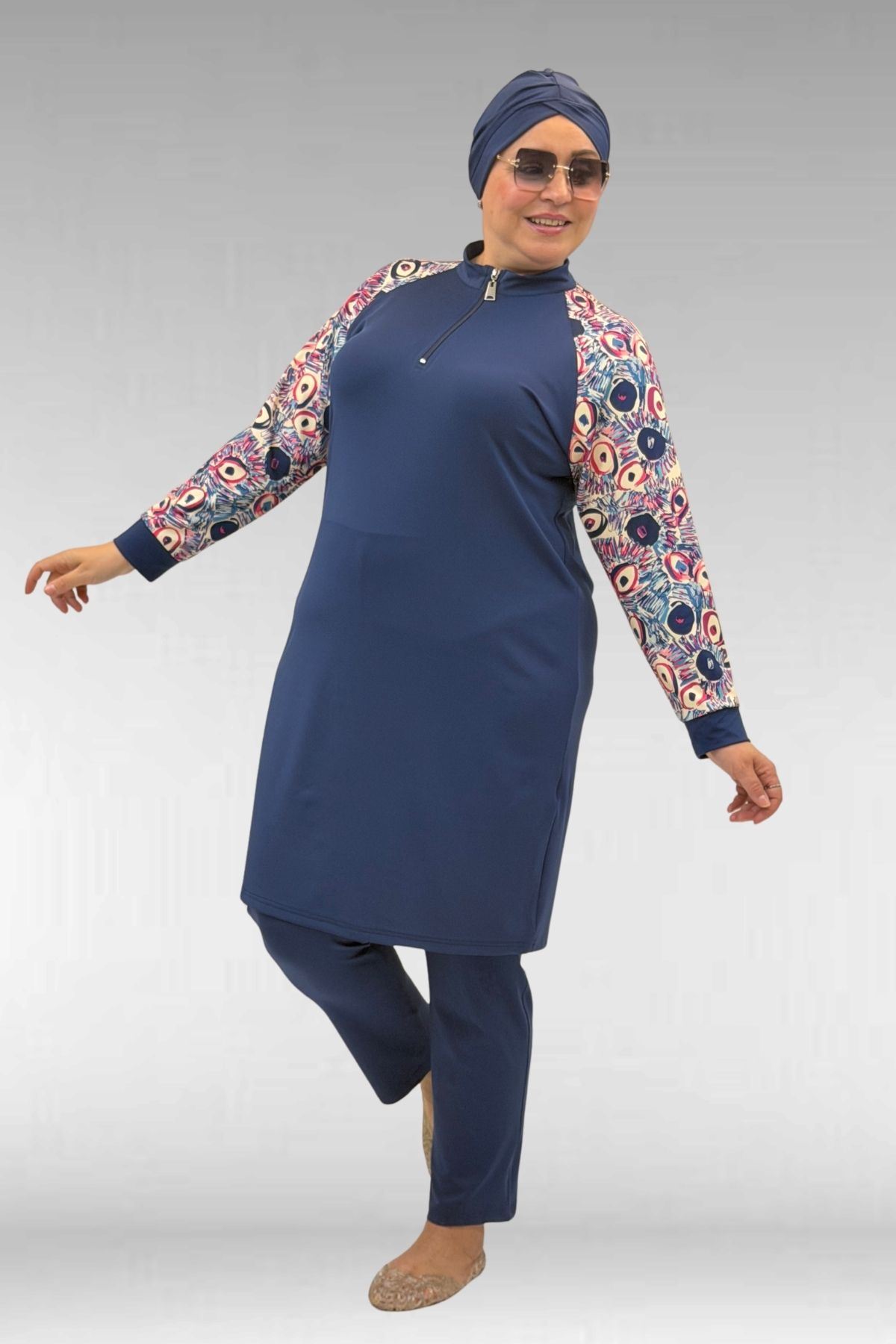 1732 Büyük Beden Balıkçı Yaka Fermuarlı Mayo - Göz Desen İndigo-İndigo