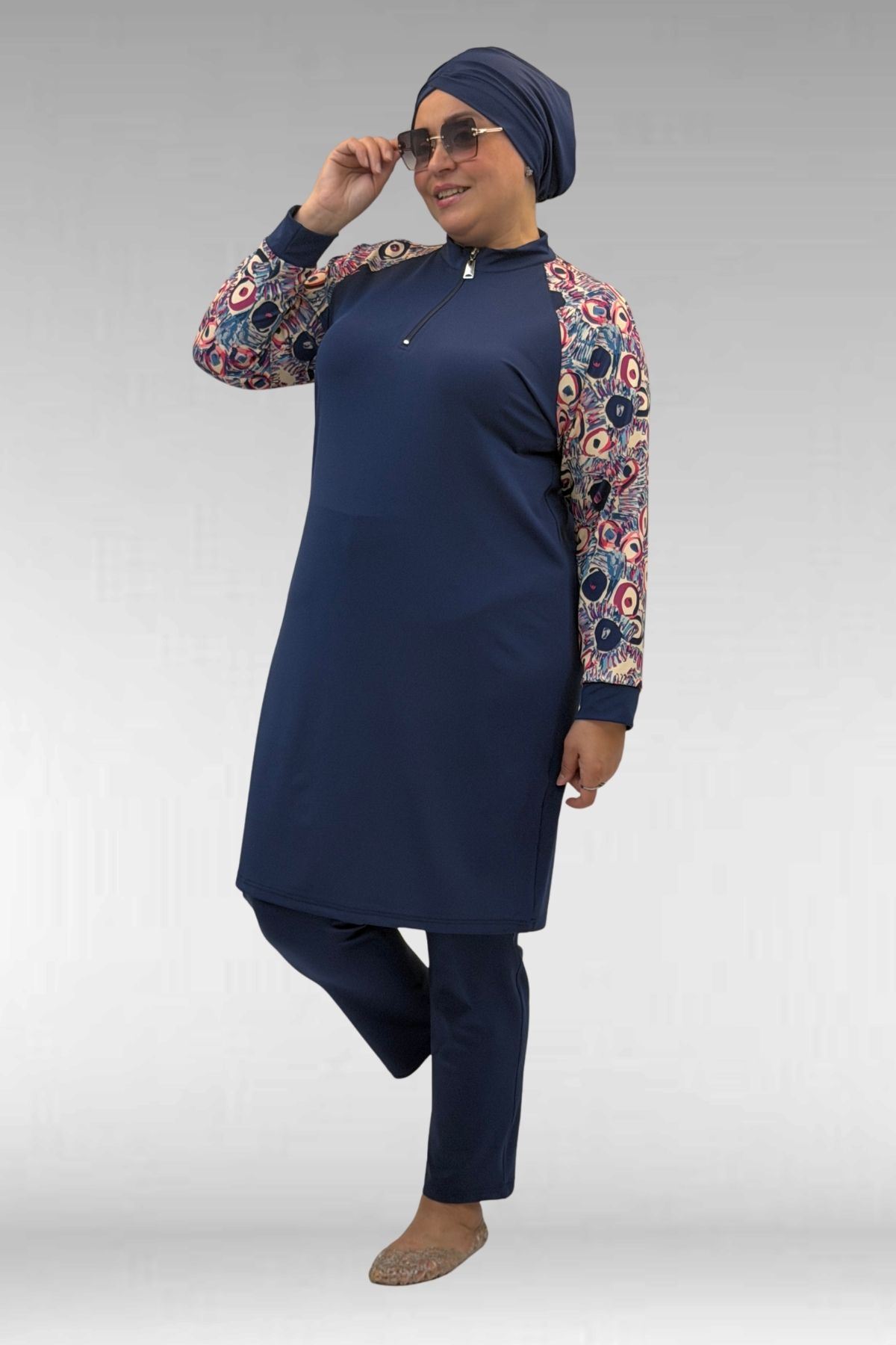 1732 Büyük Beden Balıkçı Yaka Fermuarlı Mayo - Göz Desen İndigo-İndigo