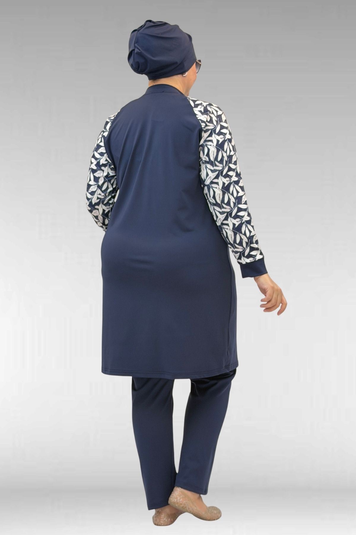 1732 Büyük Beden Balıkçı Yaka Fermuarlı Mayo - Yaprak Desen Ekru-Laci