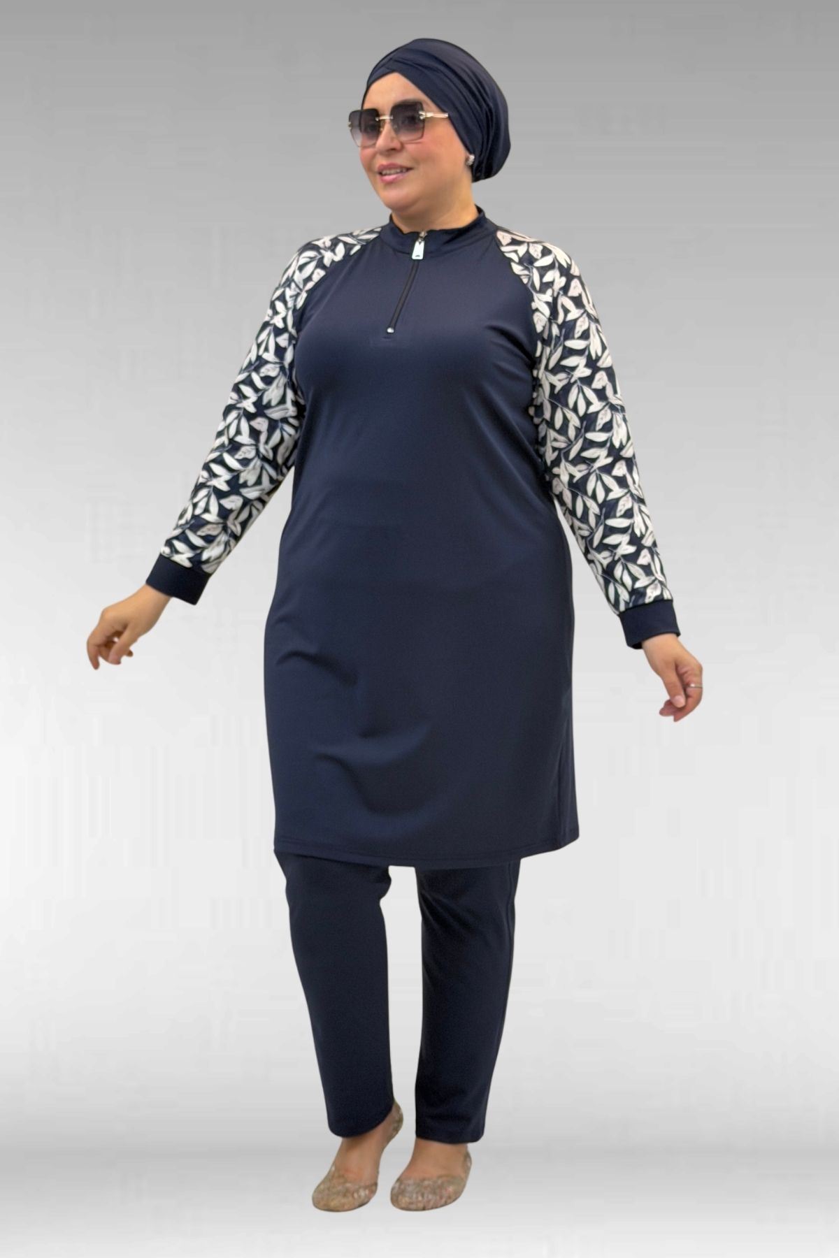 1732 Büyük Beden Balıkçı Yaka Fermuarlı Mayo - Yaprak Desen Ekru-Laci