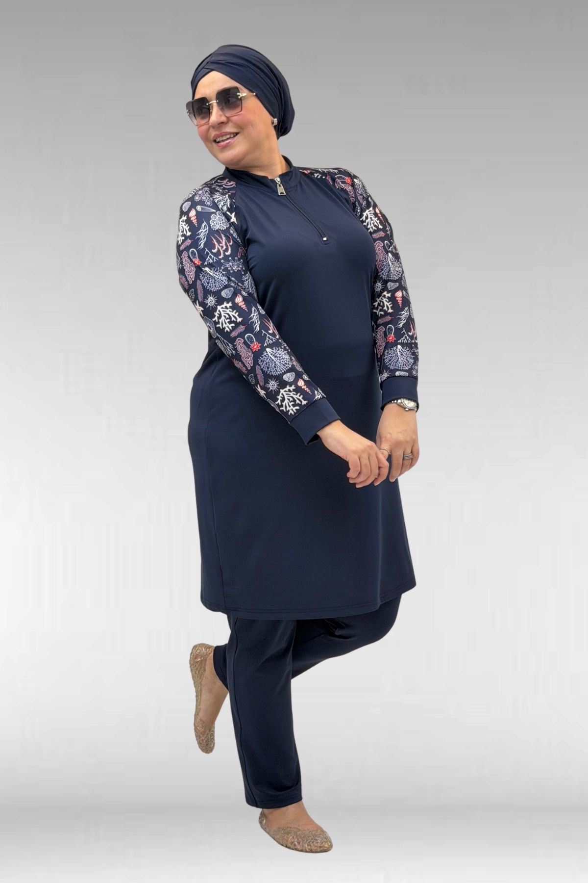 1732 Büyük Beden Balıkçı Yaka Fermuarlı Mayo - Karışık Desen Laci-Laci