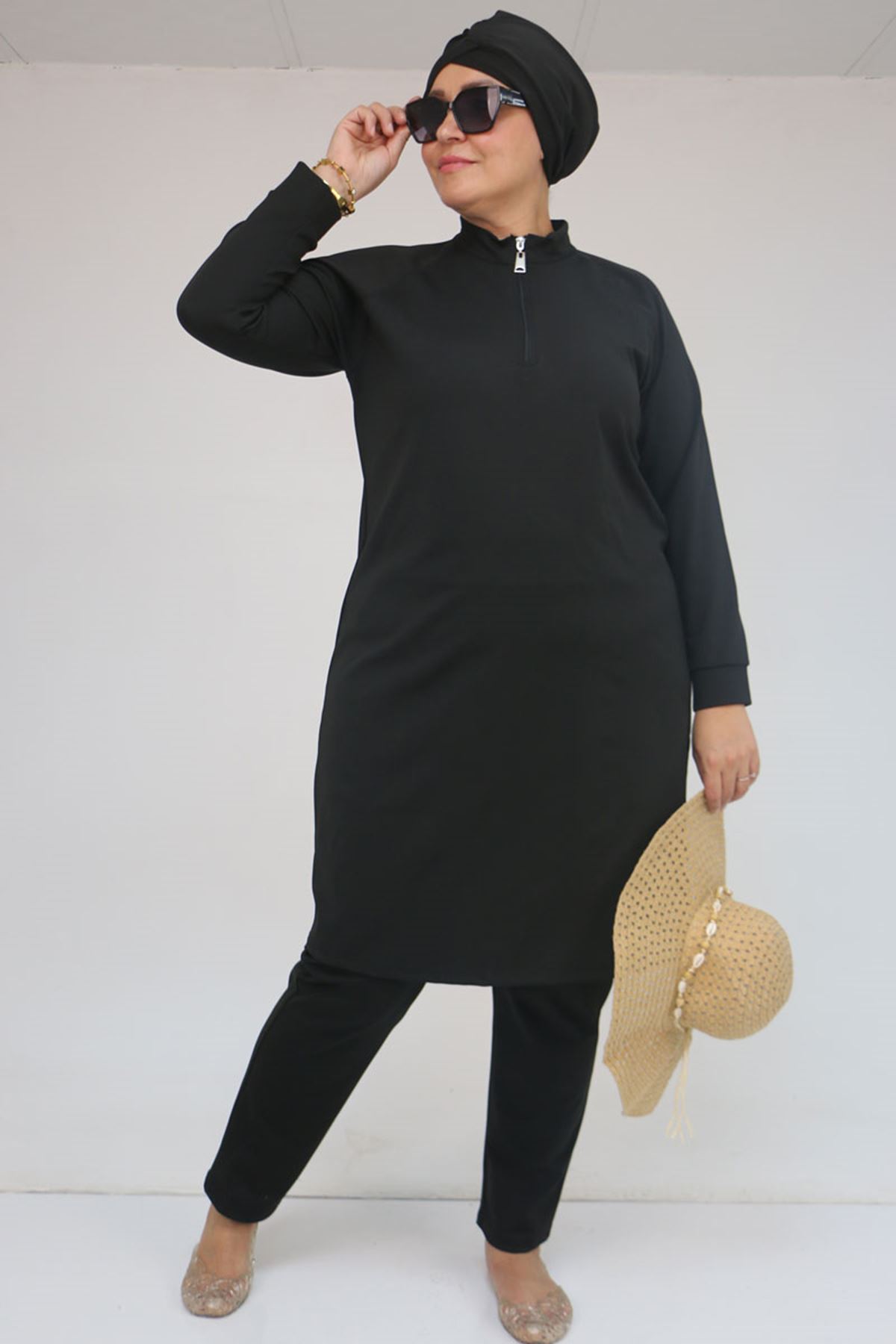 1732 Büyük Beden Balıkçı Yaka Fermuarlı Mayo - Siyah