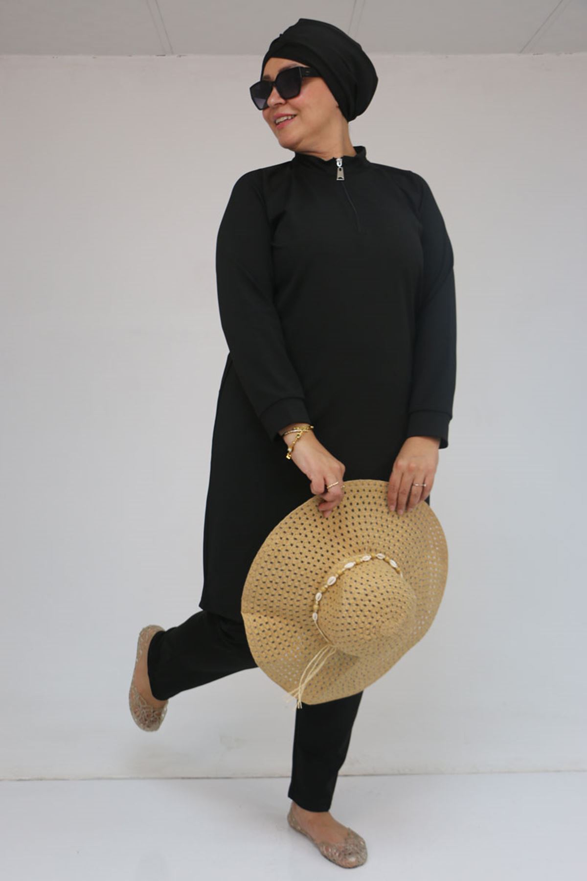 1732 Büyük Beden Balıkçı Yaka Fermuarlı Mayo - Siyah