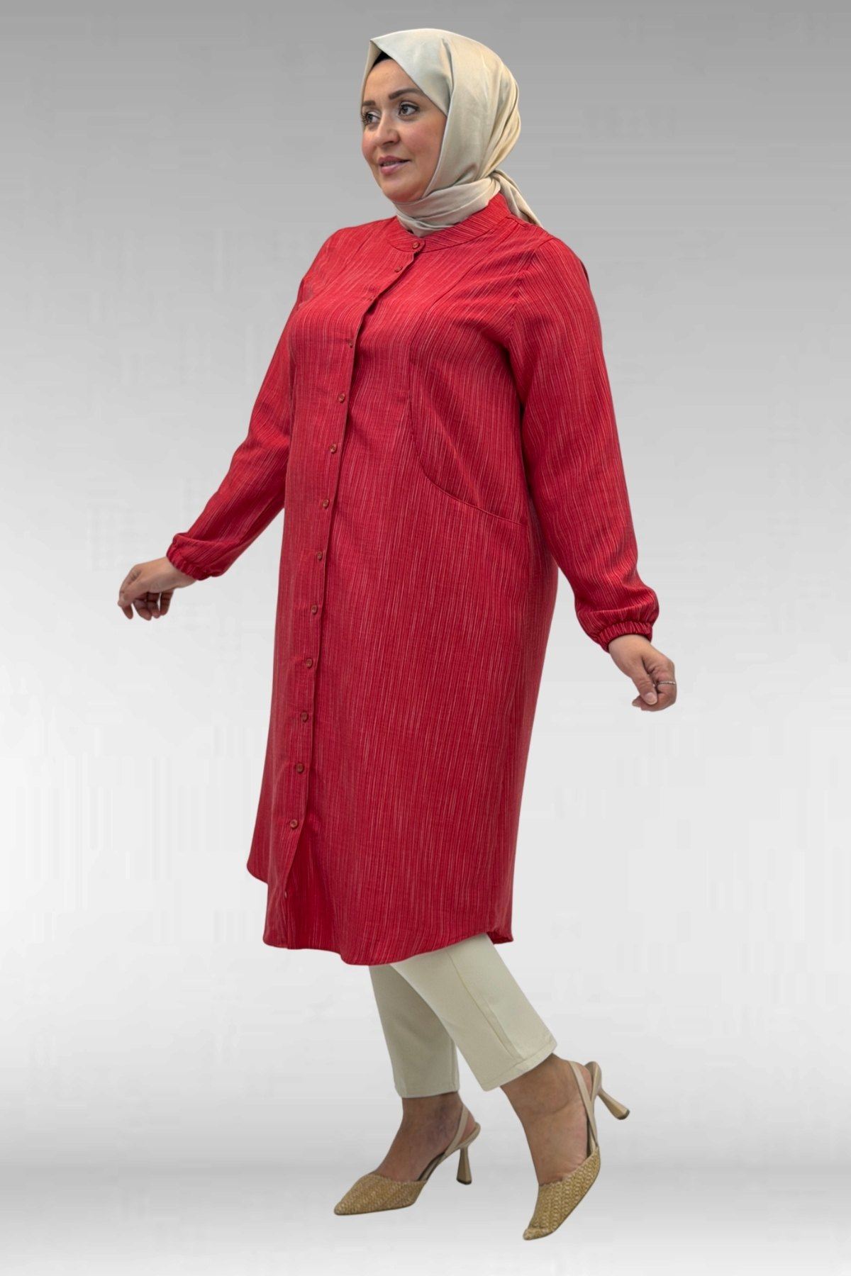 68017 Büyük Beden Hakim Yakalı Kolları Lastikli Tunik - Kırmızı