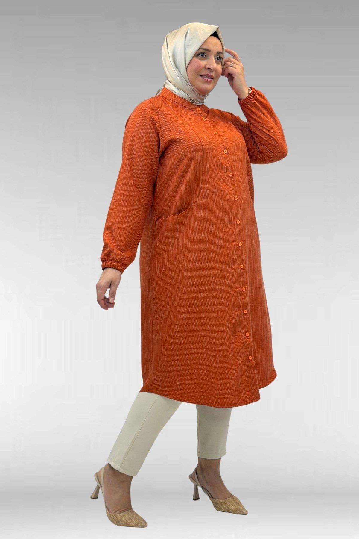 68017 Büyük Beden Hakim Yakalı Kolları Lastikli Tunik - Kiremit