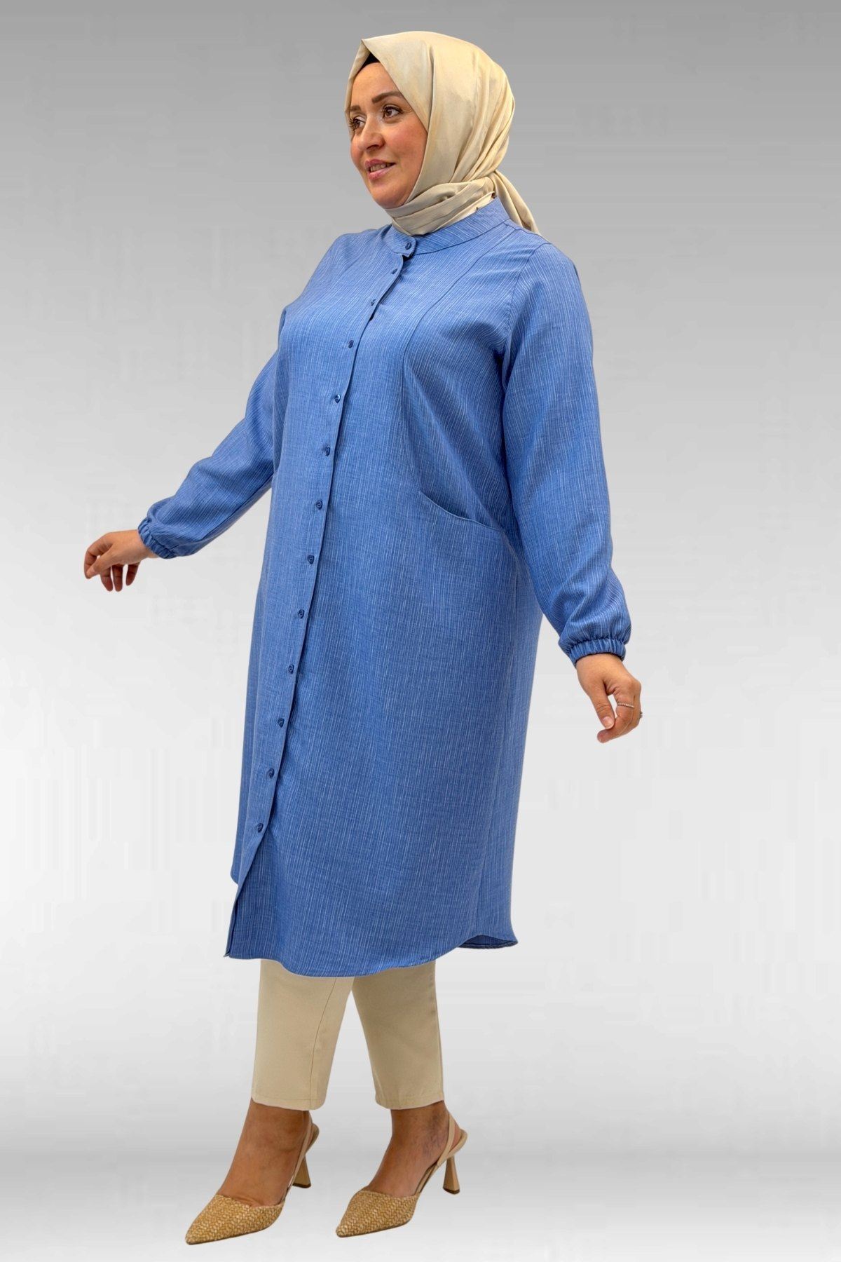 68017 Büyük Beden Hakim Yakalı Kolları Lastikli Tunik - İndigo