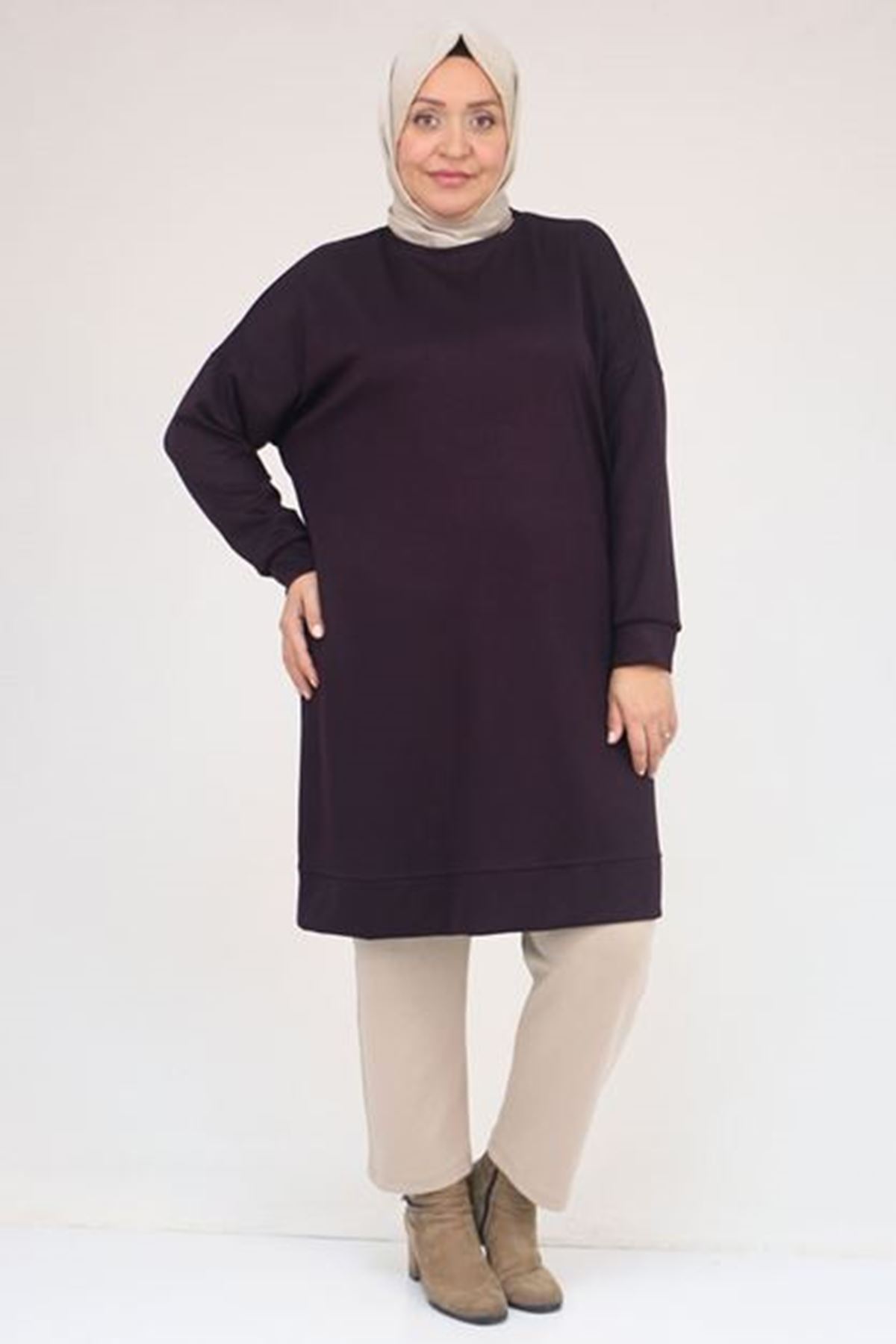 D-58151 Büyük Beden Kol Ve Etek Ucu Kendinden Ribanalı Modal Tunik - Mürdüm