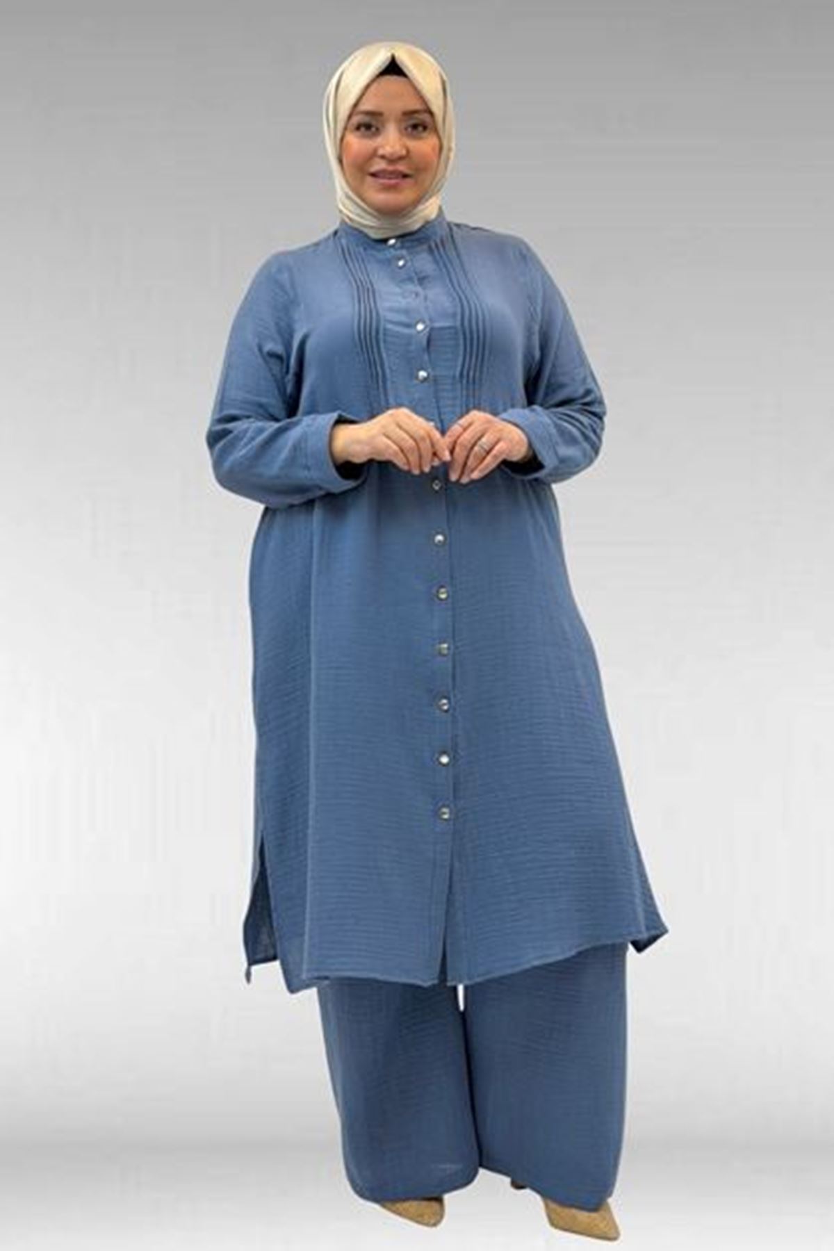 D-67023 Büyük Beden Önü Pile Detaylı Müslin Pantolonlu Takım - İndigo