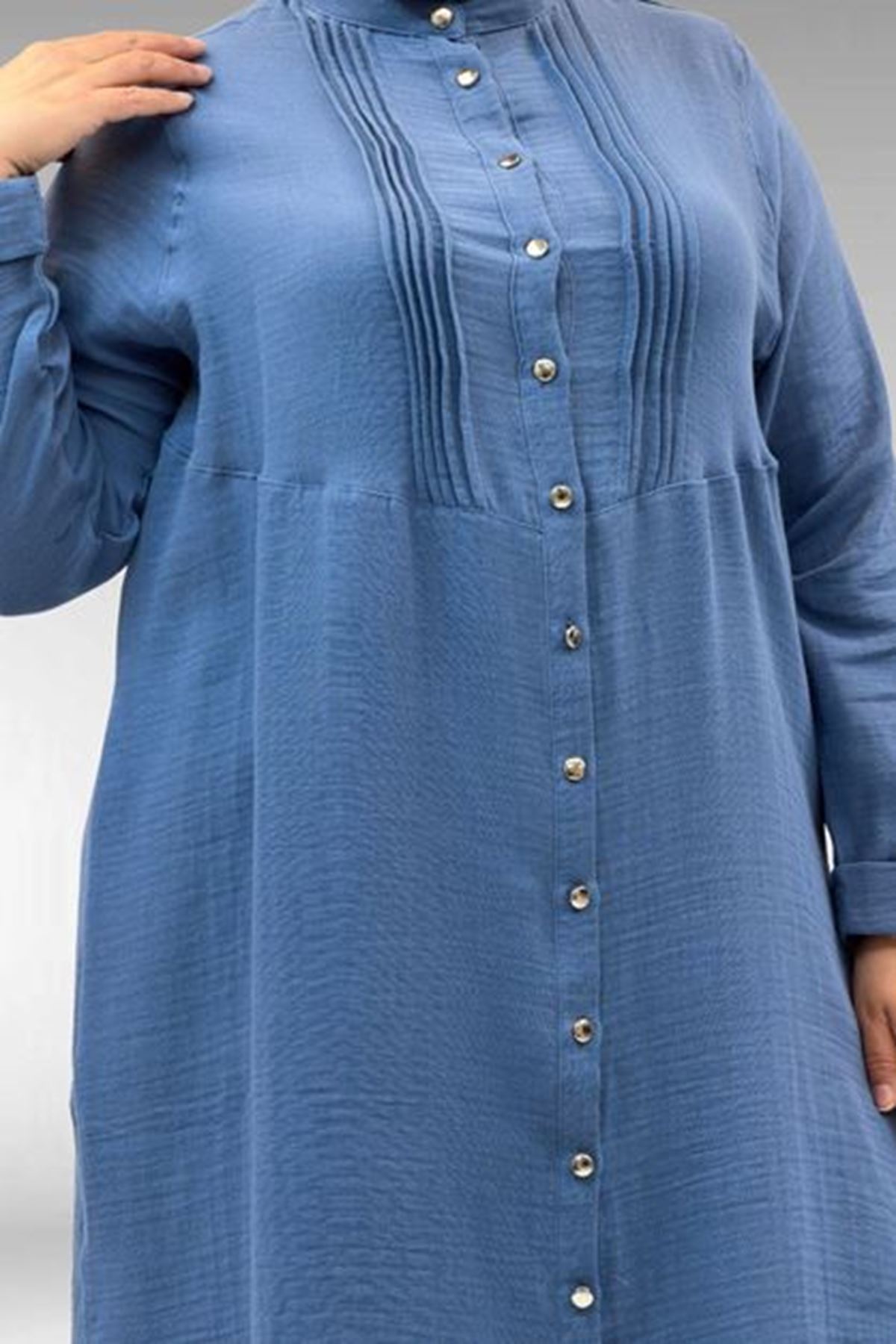 D-67023 Büyük Beden Önü Pile Detaylı Müslin Pantolonlu Takım - İndigo