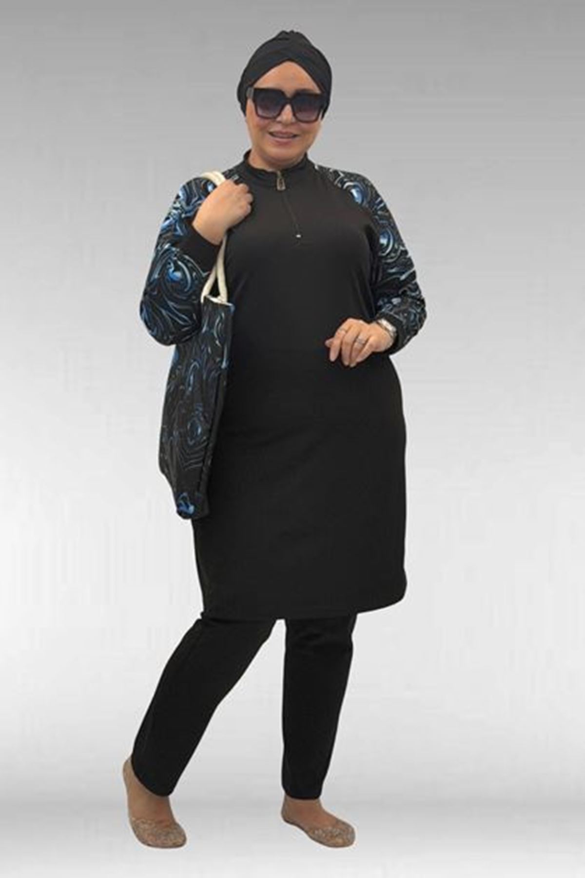 D-1732 Büyük Beden Balıkçı Yaka Fermuarlı Mayo - Aqua Mavi-Siyah 