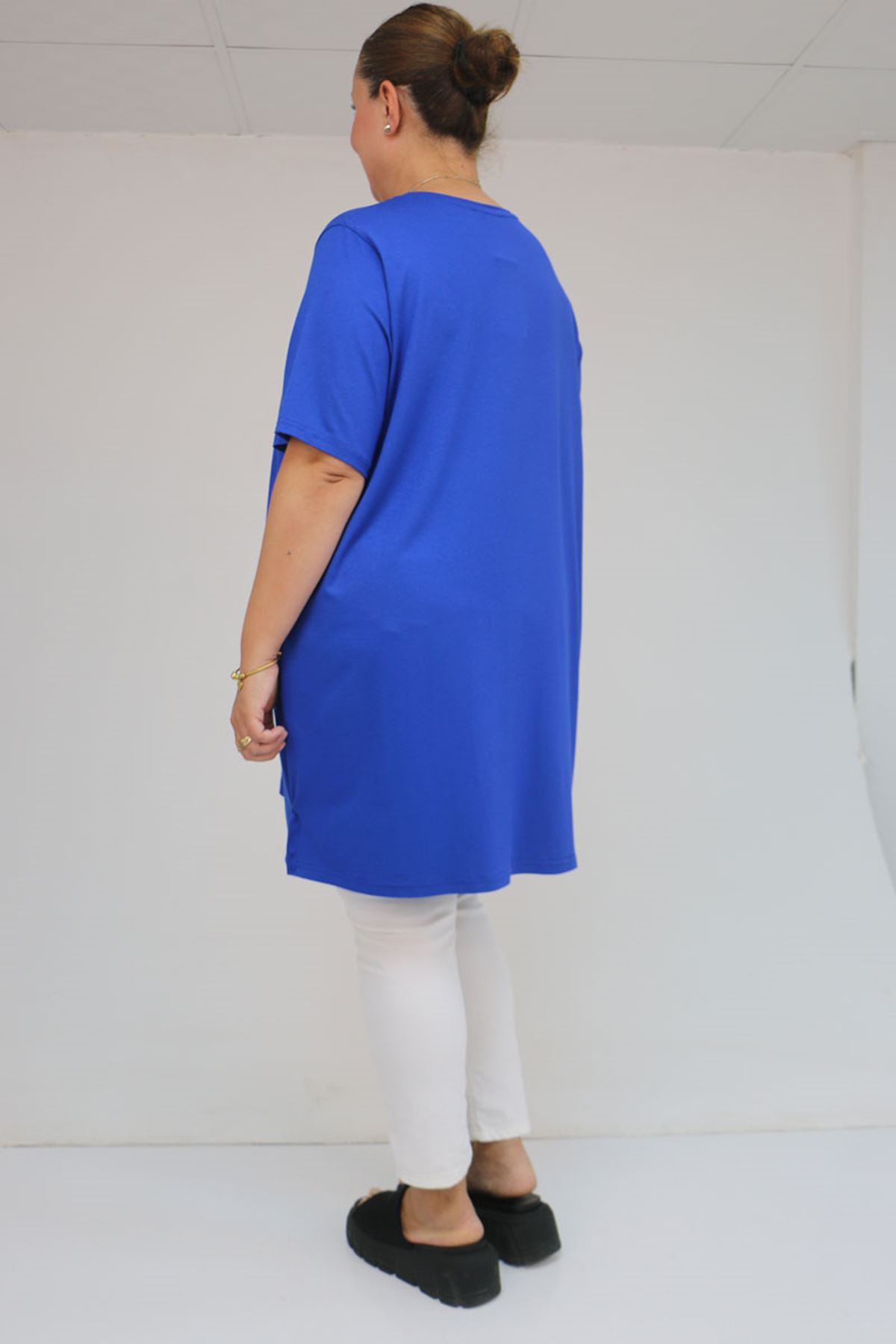 58507 Büyük Beden Yakası Biyeli Penye Tişört - Saks