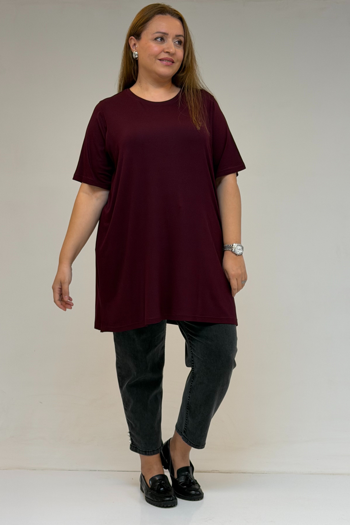 58507 Büyük Beden Yakası Biyeli Penye Tişört - Bordo