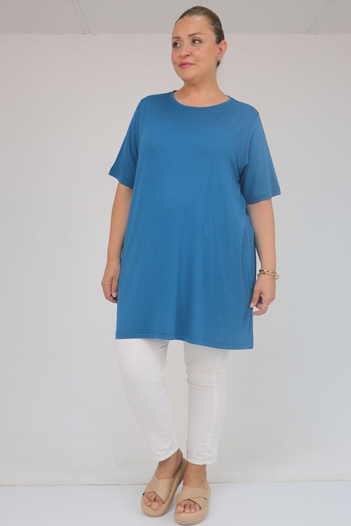 58507 Büyük Beden Yakası Biyeli Penye Tişört - Petrol