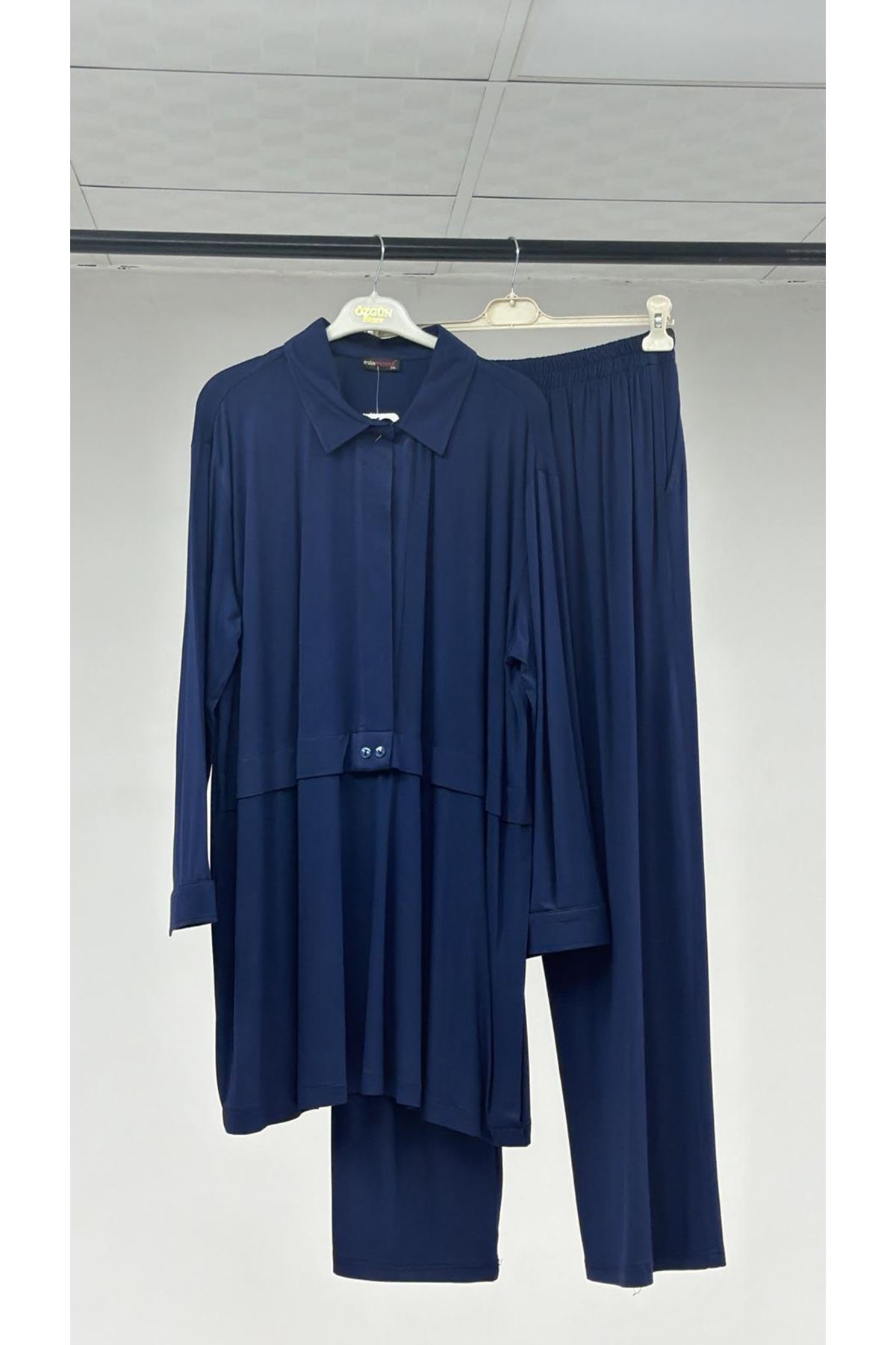 T-57038 Büyük Beden Erkek Yaka Düğme Detaylı Modal Pantolonlu  Takım - Lacivert